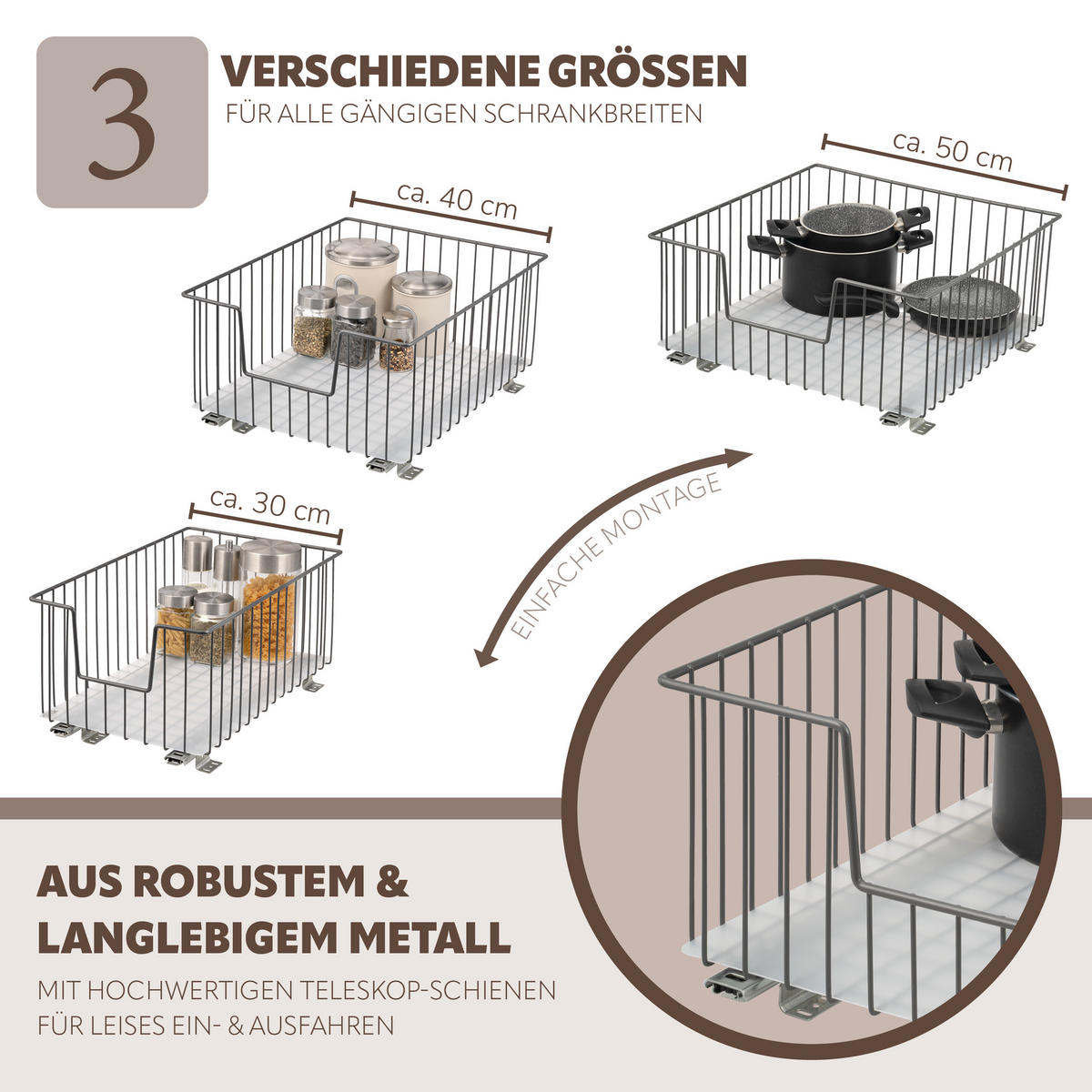 SCHRANK-KORBAUSZUG 40 cm, grau, Metall - Grau, Metall (40/23/50.5cm) - bremermann