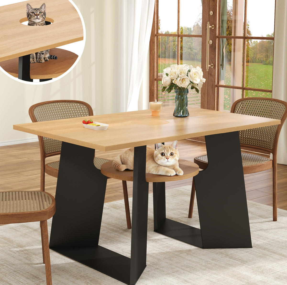 ESSTISCH 130/85/75 cm haustierfreundlich in Schwarz-Natur mit Ablagebrettchen - Schwarz, Holzwerkstoff (130/85/75cm) - OKWISH