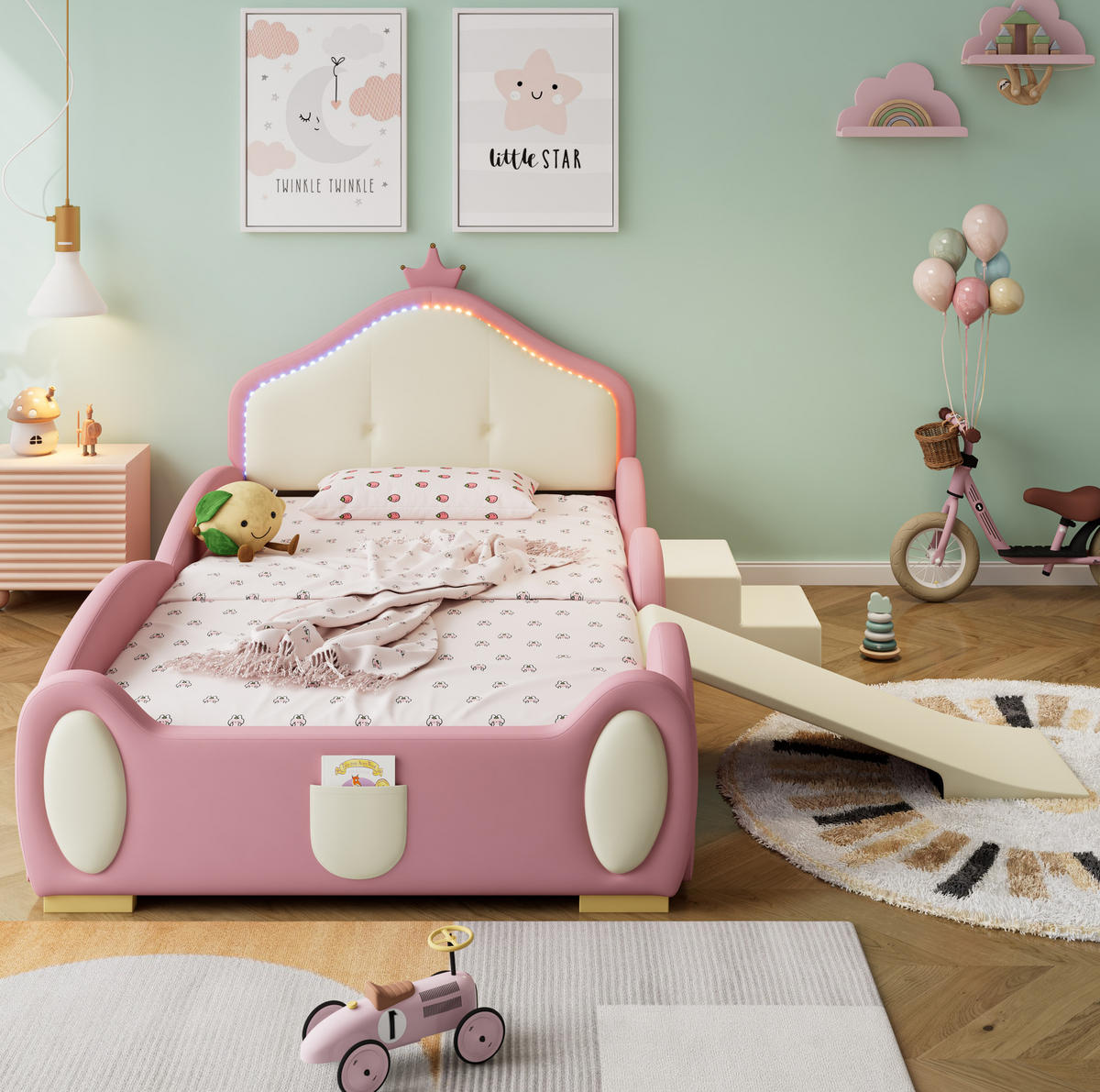 KINDEREINZELBETTEN aus Kunststoff 90x200 cm in Rosa mit LED, Rutsche & Treppe - Rosa, Kunststoff (90/200cm) - Modfu