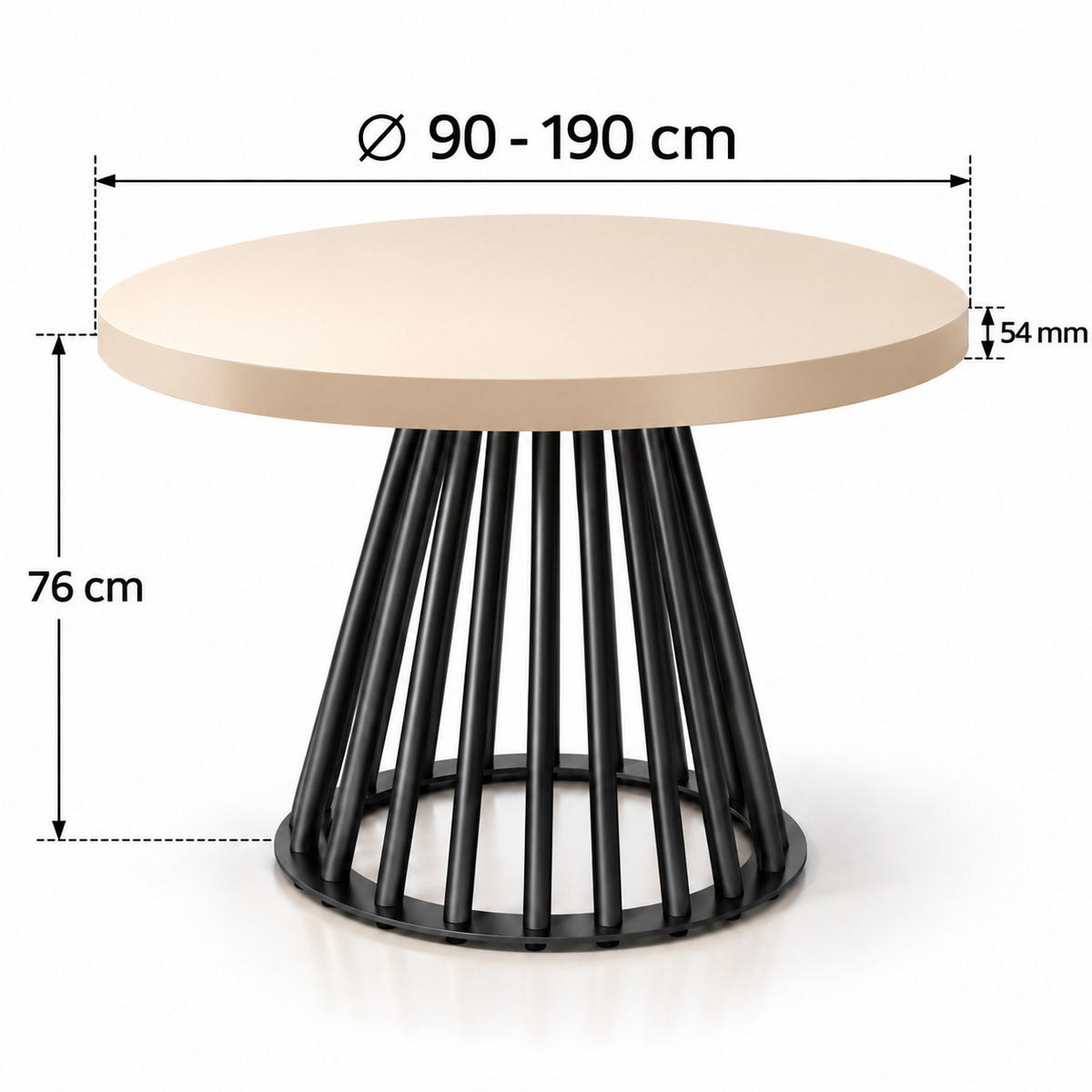 ESSTISCH rund ausziehbar 90/190/76 cm, Kaschmir, 54 cm Tischplatte + Lamellen-Metallgestell Schwarz - Kaschmir/Schwarz, Holzwerkstoff/Metall (90/190/76cm) - Damale Möbel