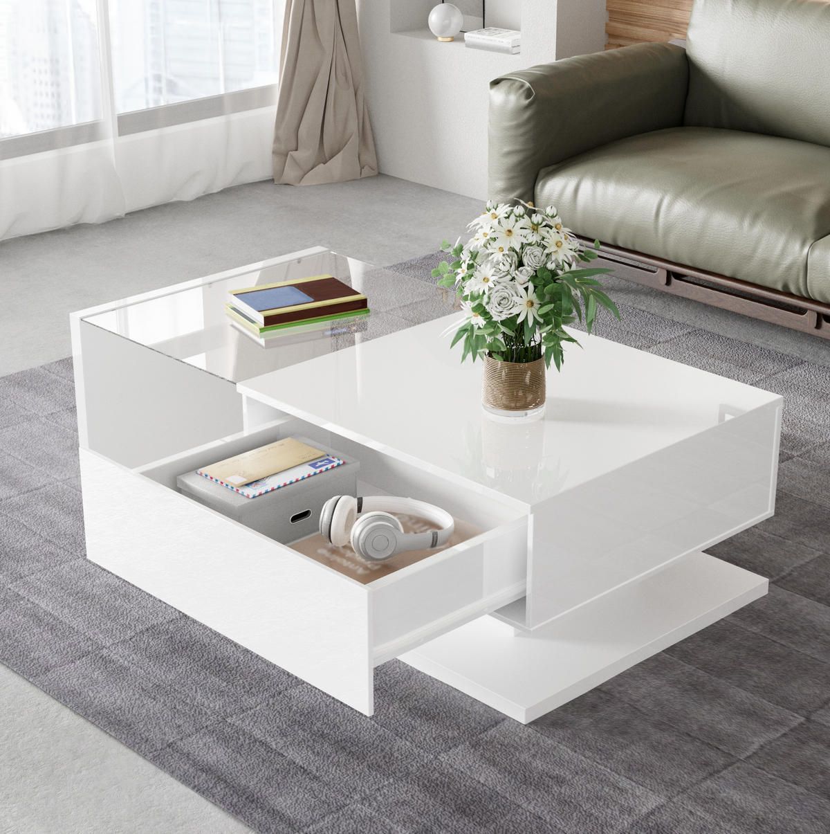 COUCHTISCH 105/55/32.5 cm Weiß aus Spanplatte mit Glasplatte und LED-Beleuchtung - Weiß, Holzwerkstoff (105/55/32.5cm) - OKMYHOME