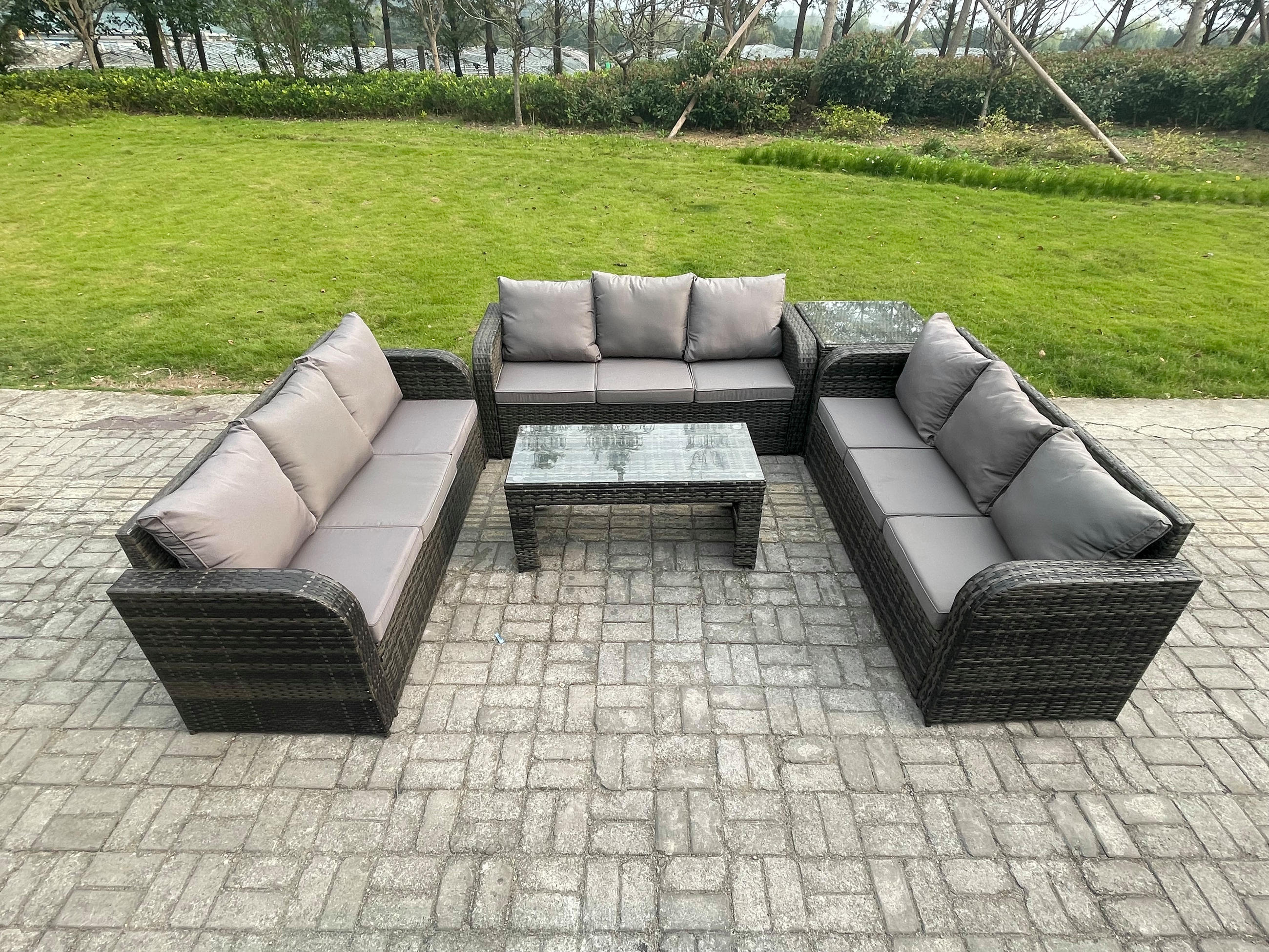 GARTENSOFA SET mit rechteckigem COUCHTISCH Polyrattan 9-Sitzer Dunkelgrau - Dunkelgrau/Grau, Glas/Kunststoff - Fimous