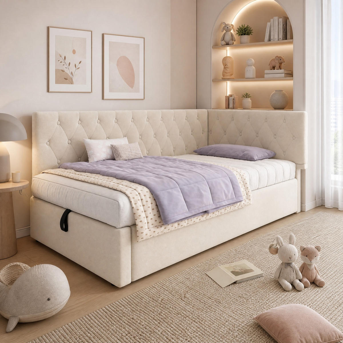 POLSTERBETT 90/190 mit hydraulischem Stauraum, verstellbarem Kopfteil und Samt in Beige - Beige, Holzwerkstoff/Textil (90/190cm) - EVRYAE