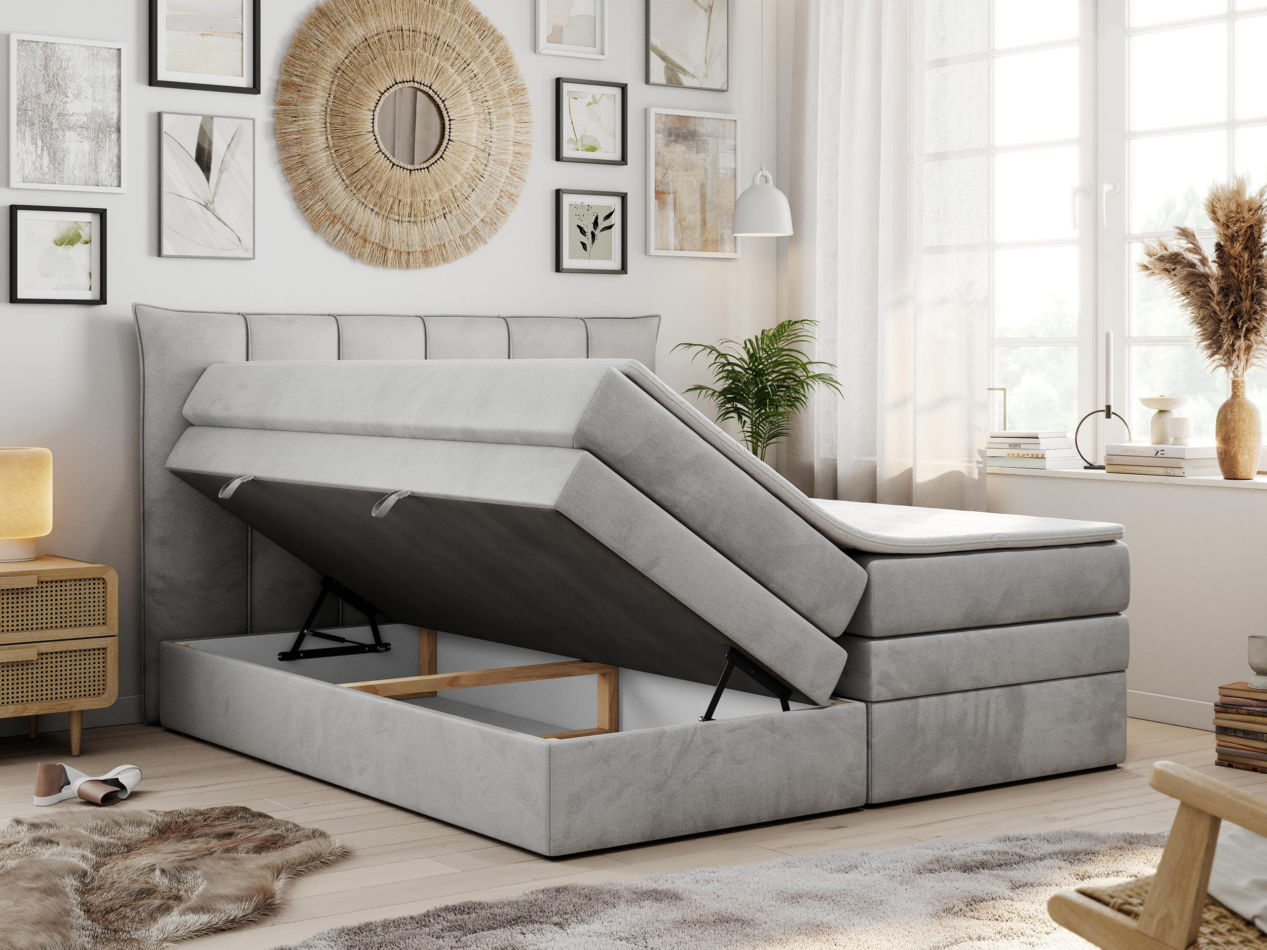Thumbnail - MKS Boxspringbett, Hellgrau, Textil, 2-Sitzer, H4, Rechteckig, 200x200 cm, Schlafzimmer, Betten, Boxspringbetten