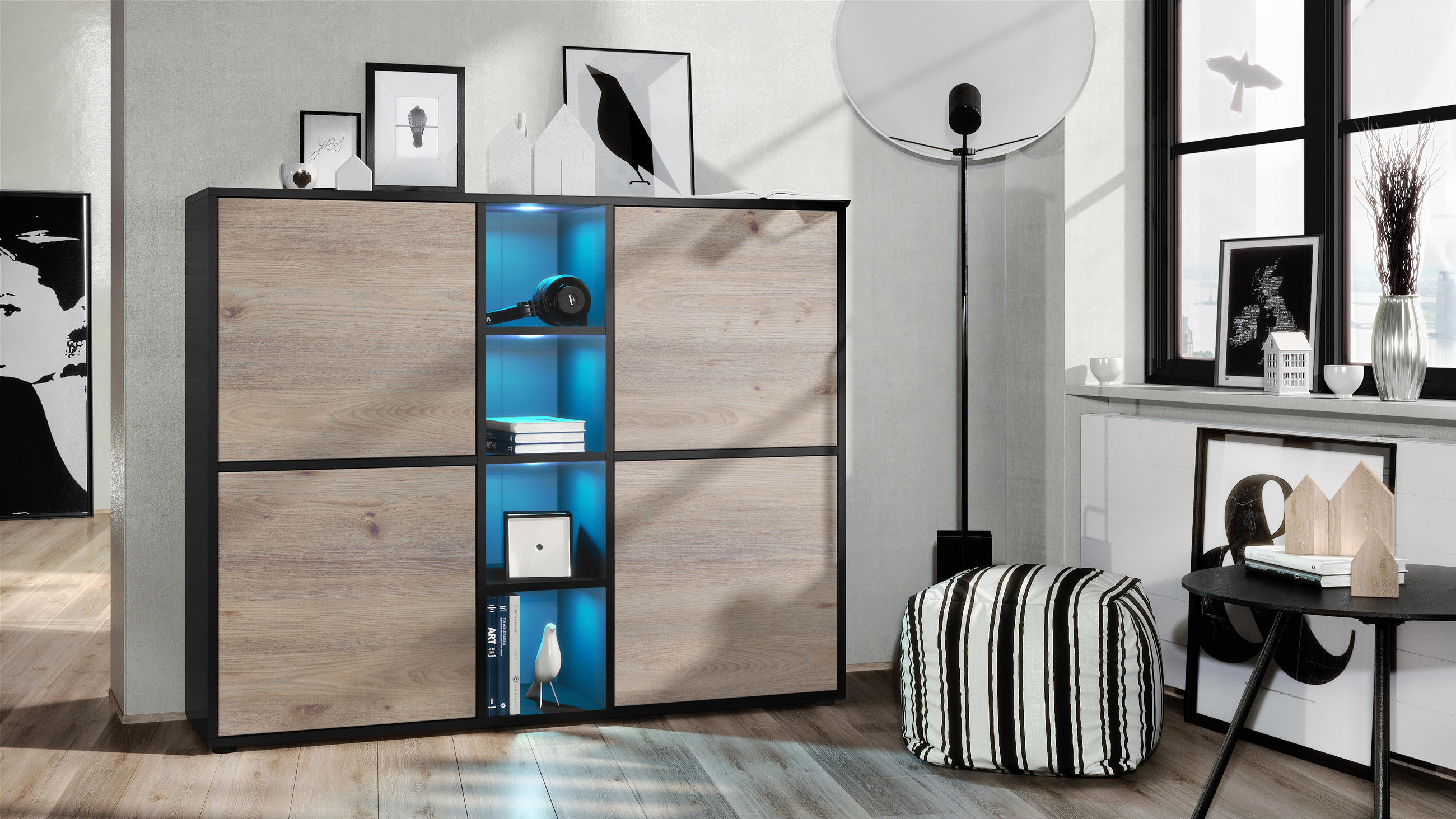 Thumbnail - Vladon Highboard, Silbereichen, Holzwerkstoff, 130.5x105.5x35.5 cm, Wohnzimmer, Kommoden & Sideboards, Highboards