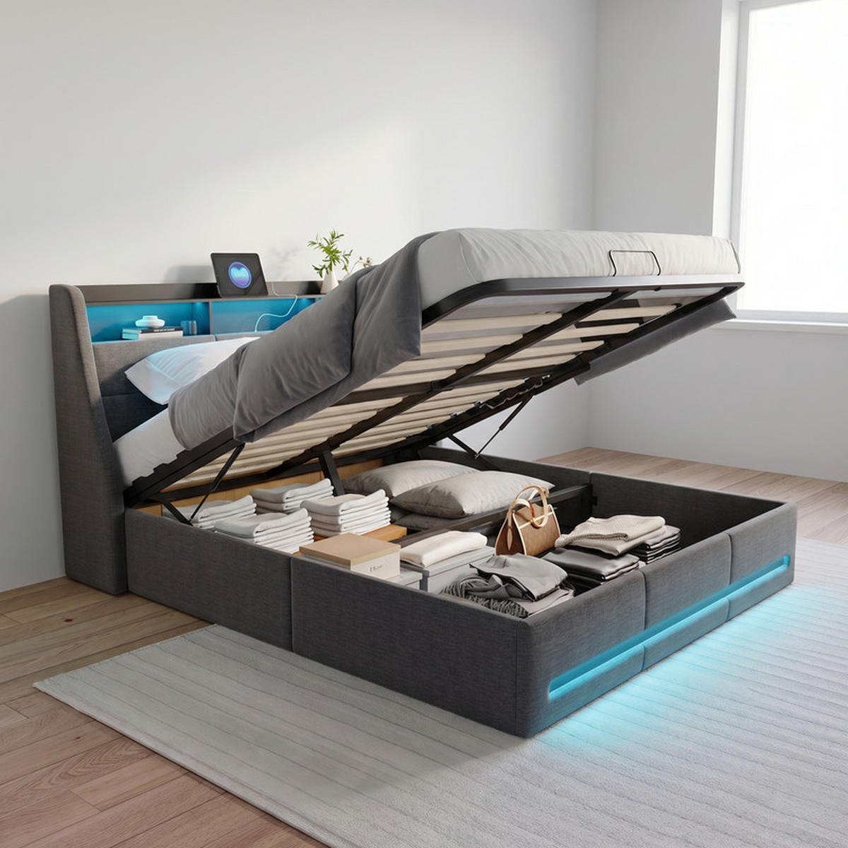 POLSTERBETT 140/200 cm grau mit Stauraum, LED und USB - Grau, Holz