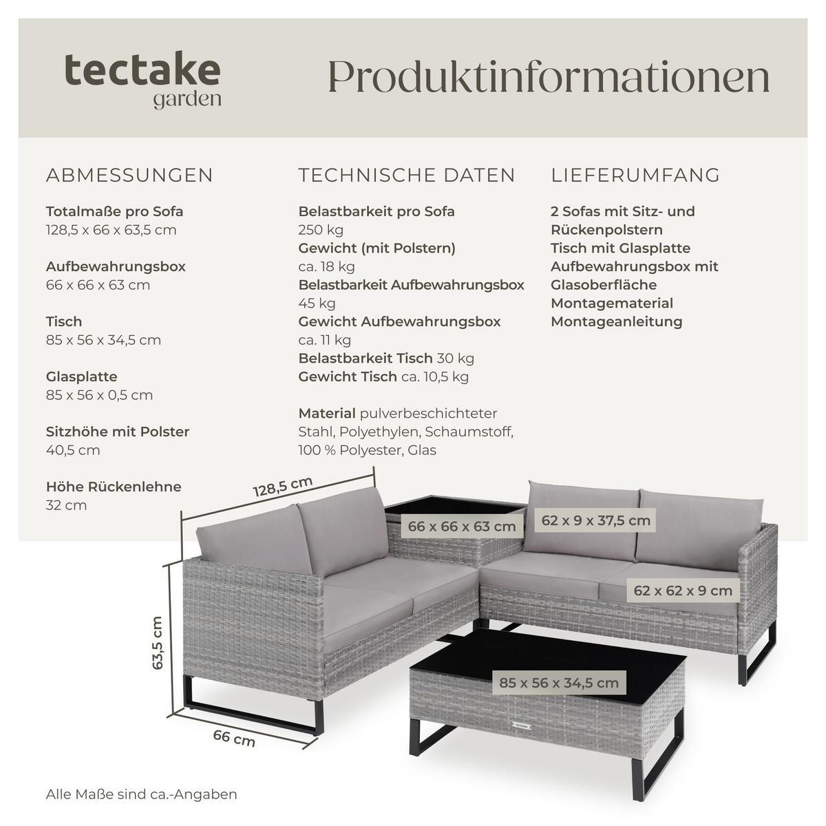 RATTANLOUNGE Ostuni, mit Sicherheitsglasplatte, grau-meliert/grau - Grau, Kunststoff - tectake
