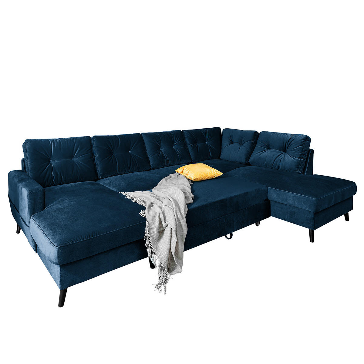 WOHNLANDSCHAFT mit Longchair - Schwarz/Dunkelblau, Buchenholz/Textil (297/90/200cm) - home24