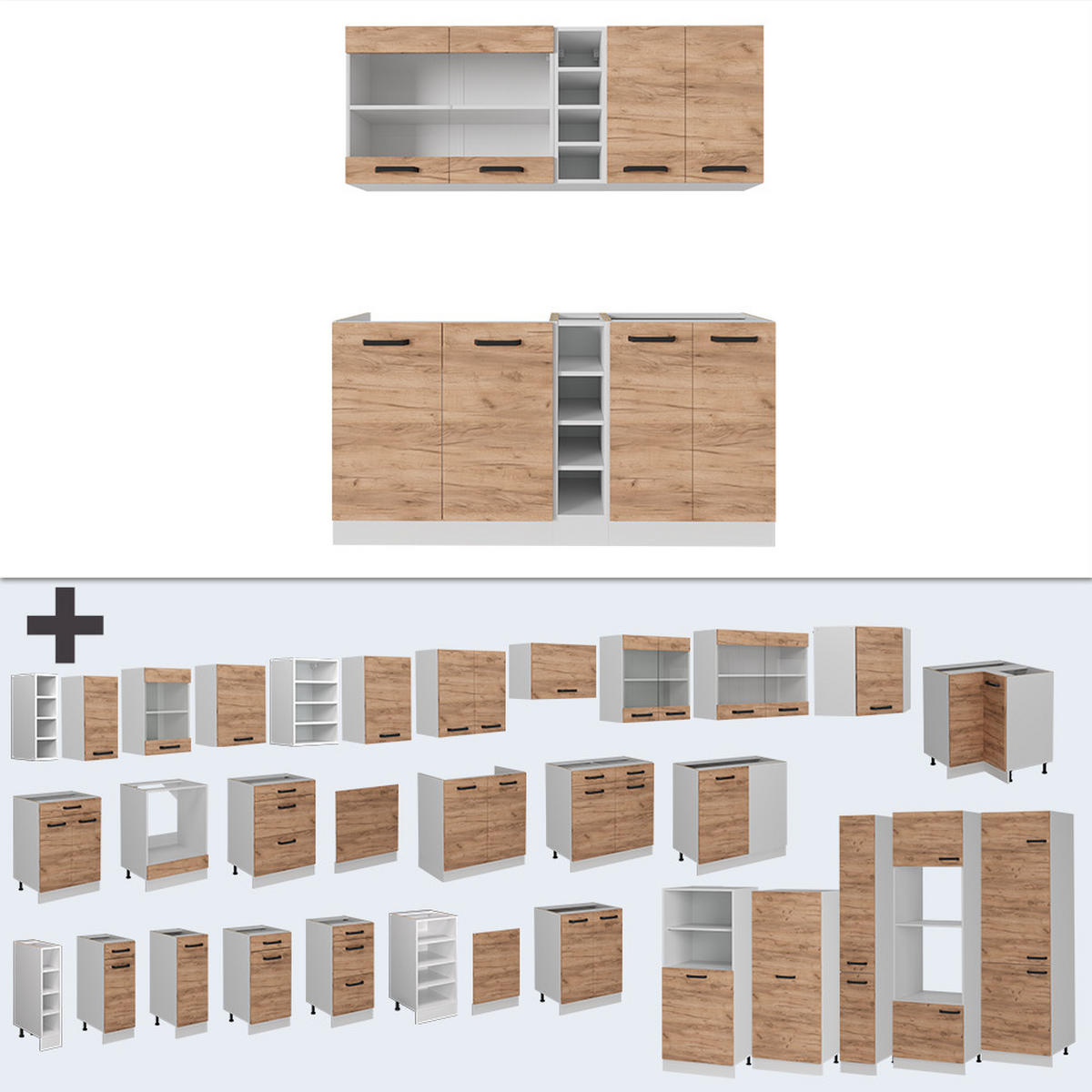 SINGLEKÜCHE R-Line Goldkraft Eiche/Weiß 160 cm ohne Arbeitsplatte - Honigeiche/Eiche Wotan, Holzwerkstoff (160/81.6/46cm) - Vicco