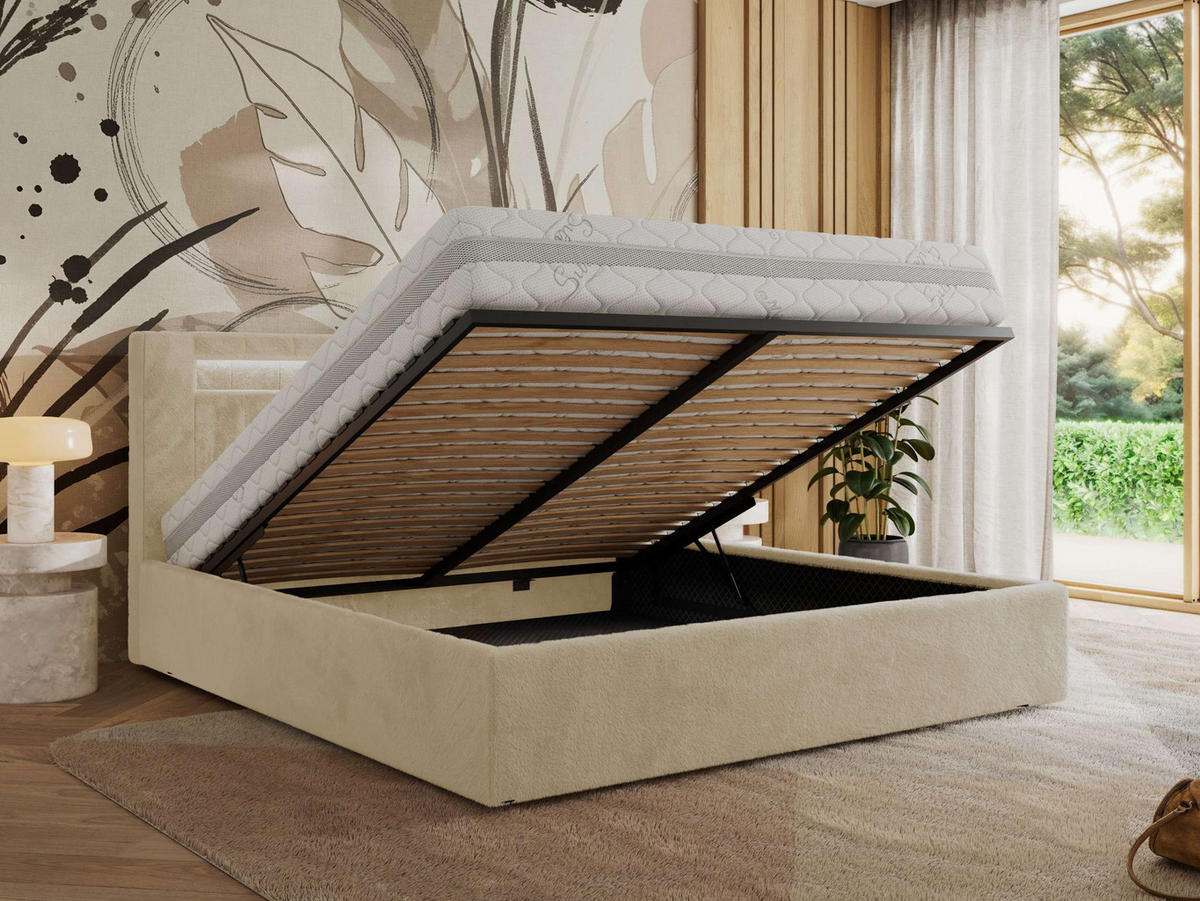 POLSTERBETT GOLD 5 CLASSIC 140/200 - Creme Plüsch - ohne Matratze - Creme, Textil (140/200cm) - MKS