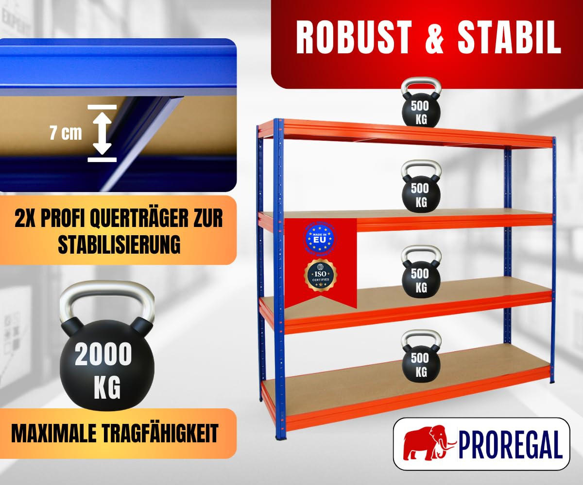 SCHWERLASTREGAL Dino 180x200x60 cm Fachlast 500 kg Blau/Orange - Orange, Metall (200/180/60cm) - PROREGAL