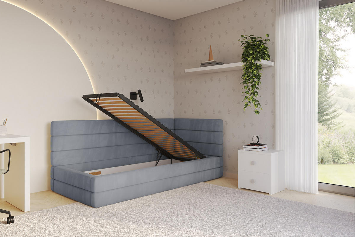 EINZELLBETT Jugendbett mit Bettkasten, Links - BEMY 90x200 Grau - Grau, Holzwerkstoff/Textil (90/200cm) - ALTDECOR