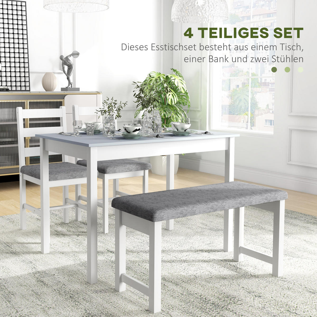 ESSGRUPPE, Esstisch mit 2 Gepolsterten Stühlen, Bank, 4-Teiliges Esstisch-Set - Grau, Holz (65/75/108cm) - HOMCOM