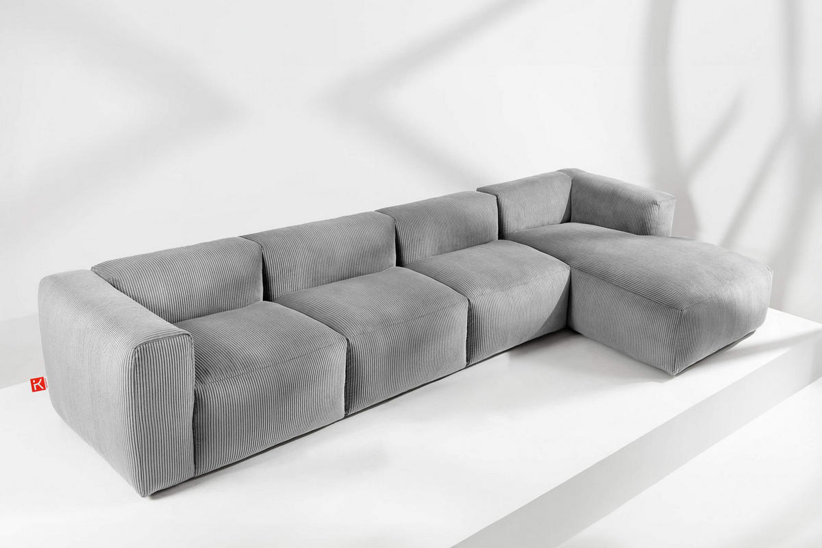ECKMODULSOFA-RECHTS BUFFO 6-Sitzer mit extrem weicher Sitzfläche, Kordstoff, hellgrau - Hellgrau, Textil (377/180cm) - KONSIMO®