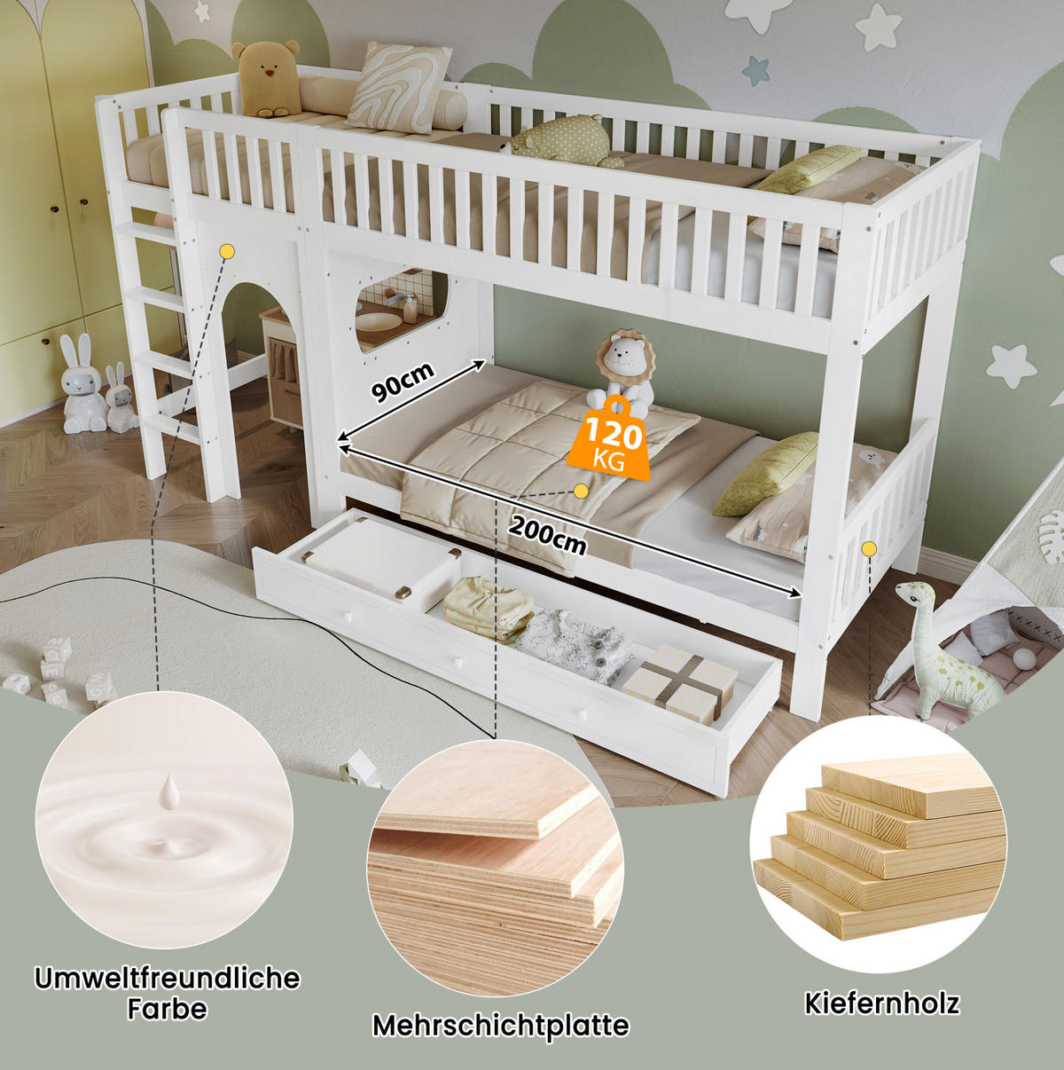 ETAGENBETT 90/200 cm aus Kiefer und MDF mit vierseitigen Geländern Weiß/Natur - Weiß, Holz (90/200cm) - Modenvie