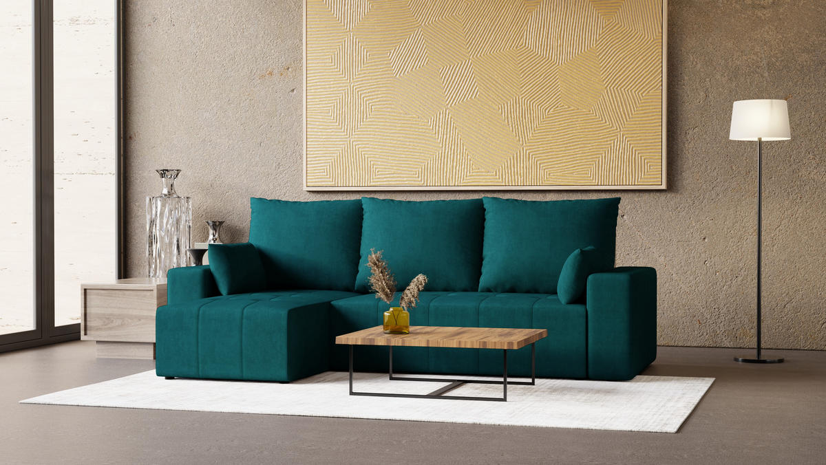 ECKSOFA Tico mit Bettkasten und Schlaffunktion, L-Form/XL-Form, Velourstoff, Universal - Türkis, Holzwerkstoff (246/145cm) - 4ALL HOME