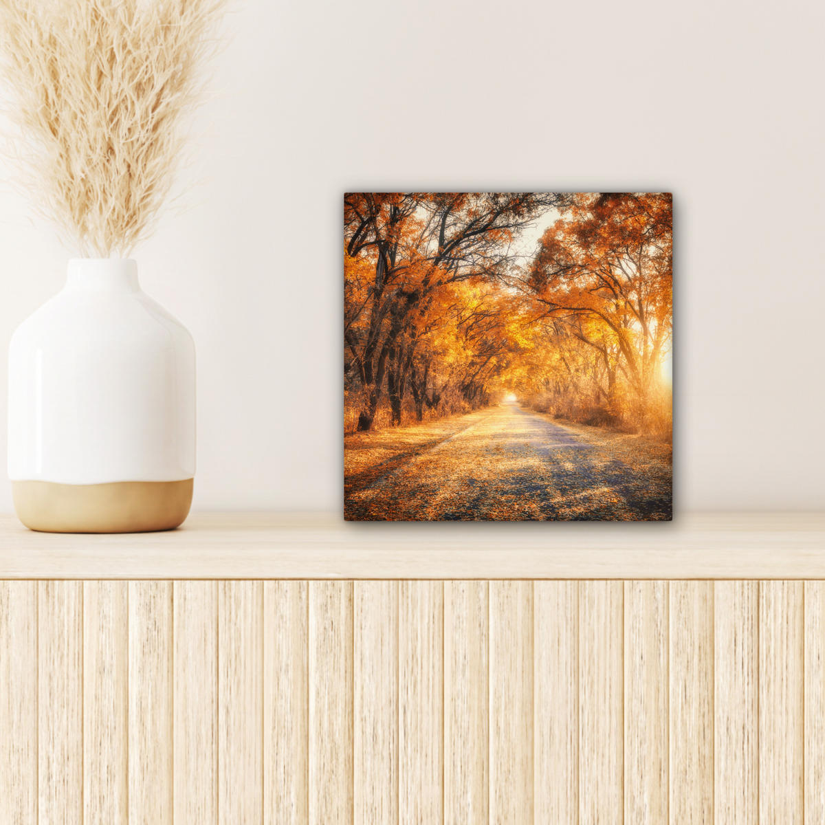 LEINWANDBILD Wald - Herbst - Bäume - Waldweg - Natur 20x20 cm - Bernsteinfarben, Textil (20/20cm) - MuchoWow