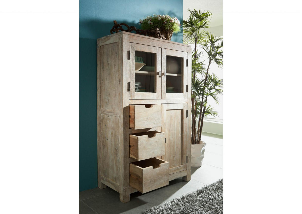 VITRINE Akazie 90x45x148 white stone getüncht NATURE WHITE #62 - Beige, Holz (90/148/45cm) - Massivmoebel24