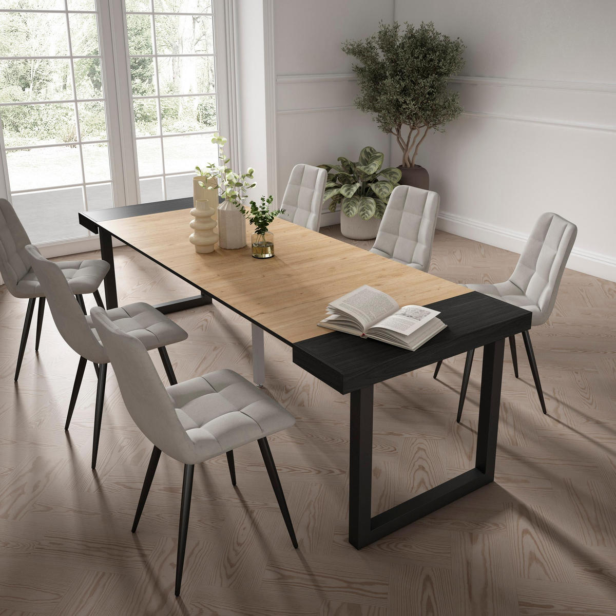 KONSOLENTISCH ausziehbar 58 bis 262cm, für 12 Gäste, schwarz eiche, 90/58/73cm - Eichefarben/Schwarz, Holzwerkstoff (90/262/73cm) - Skraut Home