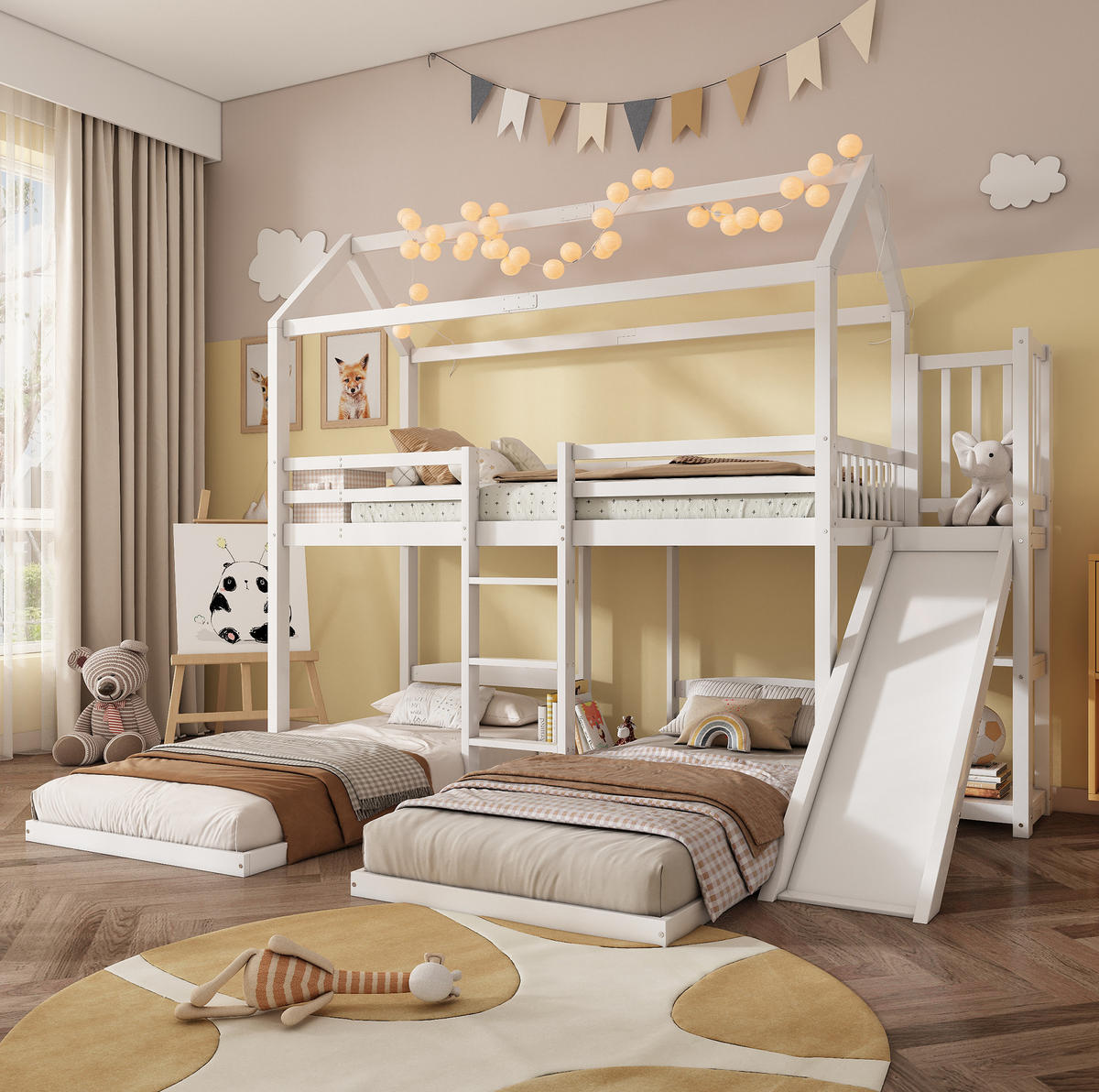 POSCHODOVÁ posteľ 90/200 cm biela s tromi lôžkami, šmykľavkou a úložným priestorom z borovice a MDF - biela, drevo (90/200cm) - OKWISH