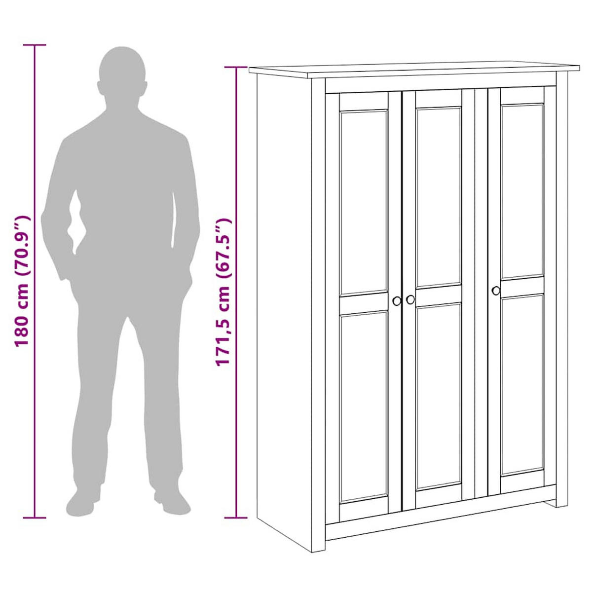 KLEIDERSCHRANK 3-Türig 118/50/171,5 cm aus Kiefer-Massivholz Weiß - Schwarz/Weiß, Holz (118/171.5/50cm) - vidaXL