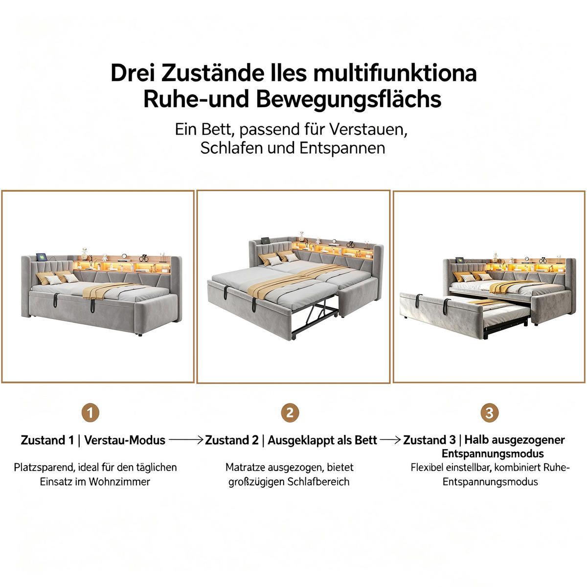 TAGESBETT 90x200/90x190 mit LED, USB/Stauraum, 3-in-1 Funktion, Samt, Grau - Grau, Holz (90/200cm) - LVHOM