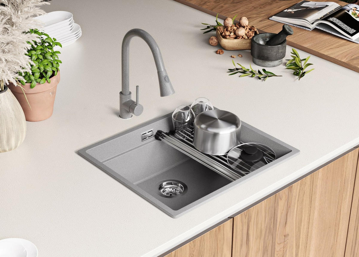 GRANITSPÜLE Praga Slim, 2-er set Grau 56/47 cm 1 Becken + Küchenarmatur 38/14 cm + Ablauf-Set + Aufrollbare Abtropffläche ab 60er Unterschrank - Chromfarben/Grau, Kunststoff (56/20/47cm) - Primagran