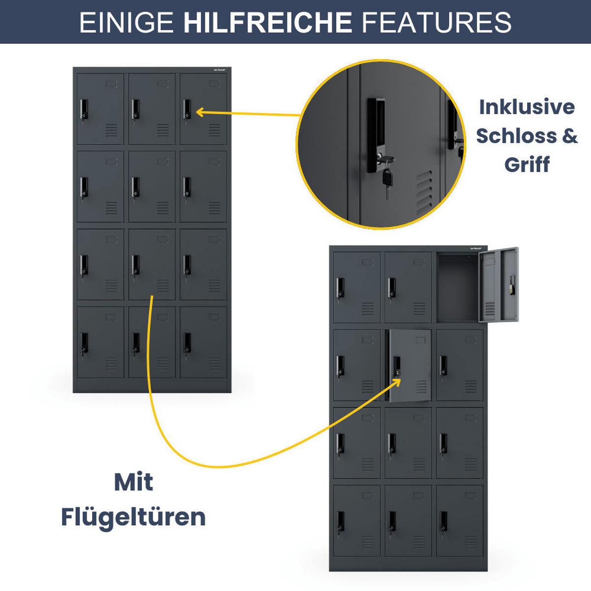 SCHLIESSFACHSCHRANK Spind BERN 12 Fächer185x90x40cm Anthrazit - Anthrazit, Metall (90/185/40cm) - DELUKE