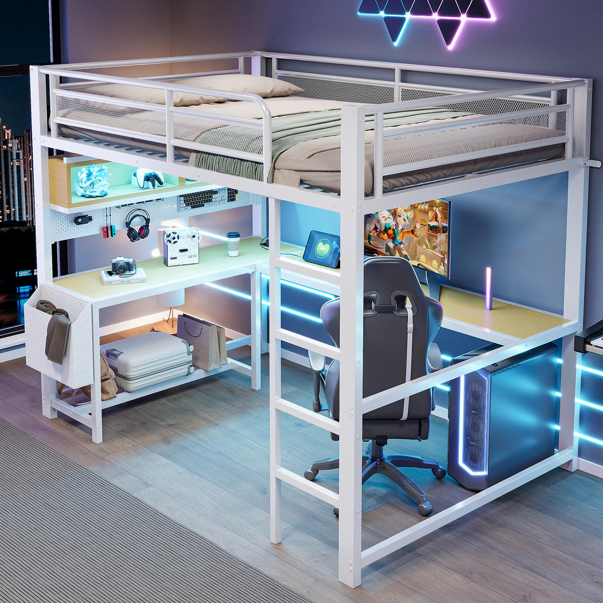 HOCHBETT 140/200 cm in Weiß mit Schreibtisch, LED und USB - Weiß, Holzwerkstoff/Metall (140/200cm) - WISHDOR