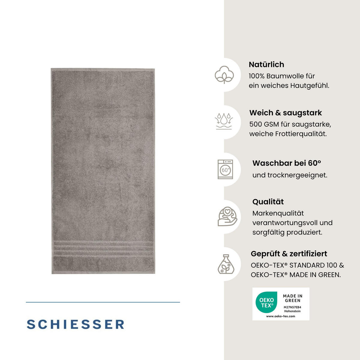 HANDTUCHSET Milano - 4-teilig - 50x100 cm - Hellgrau - Hellgrau, Textil (50/100cm) - SCHIESSER