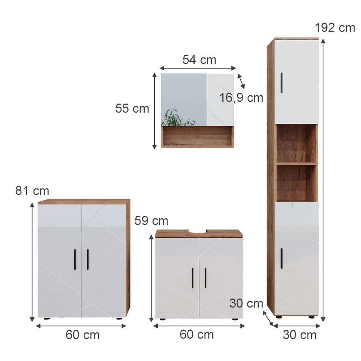 BADMÖBEL-SET Irma Weiß Hochglanz/Goldkraft Eiche 4 Teile und Kommode - Weiß Hochglanz/Eiche Wotan, Holzwerkstoff (80/58.6/41cm) - Vicco
