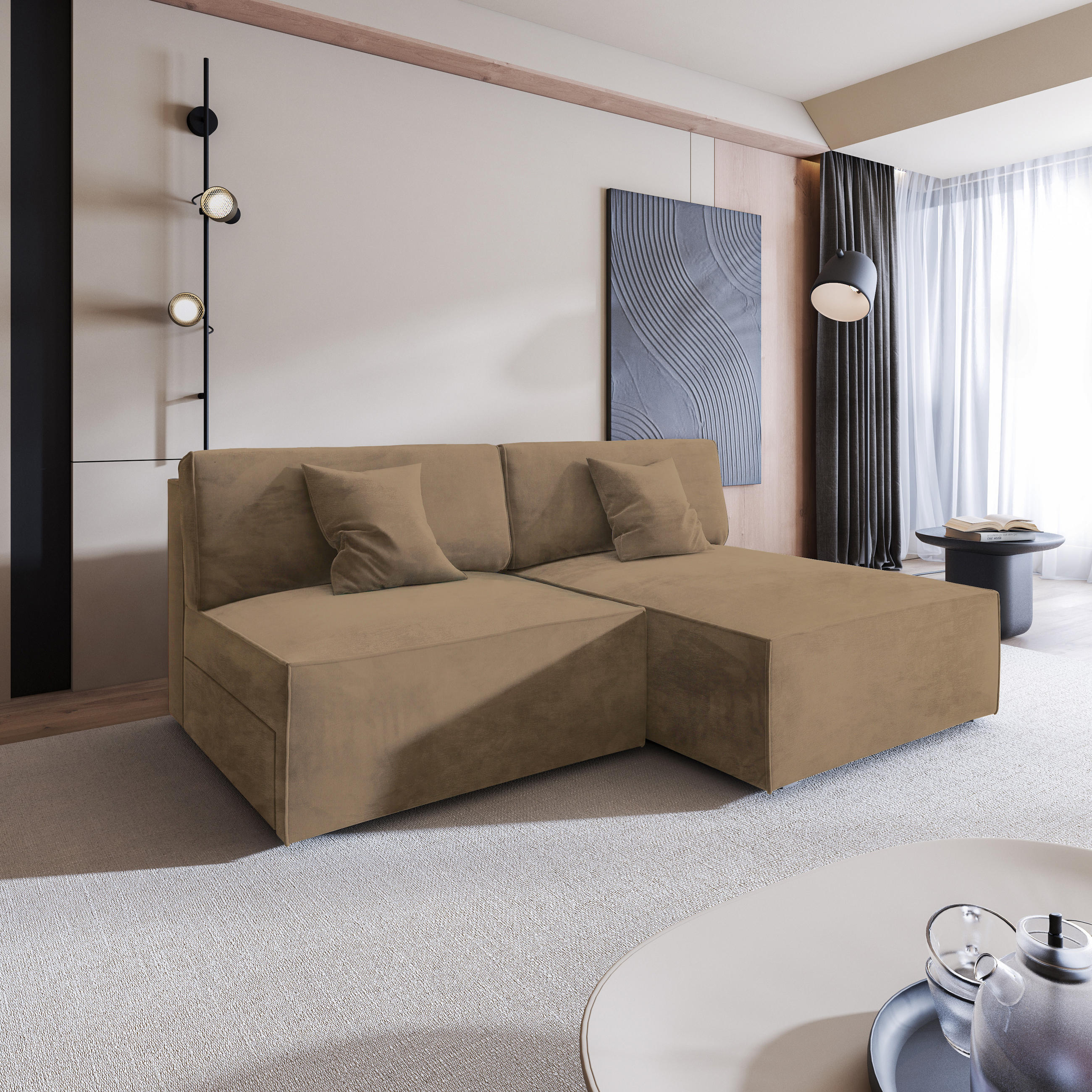 ECKSOFA FIORO M Beige Velours-Stoff mit Schlaffunktion - Beige, Holz (204/148cm) - MASSENO