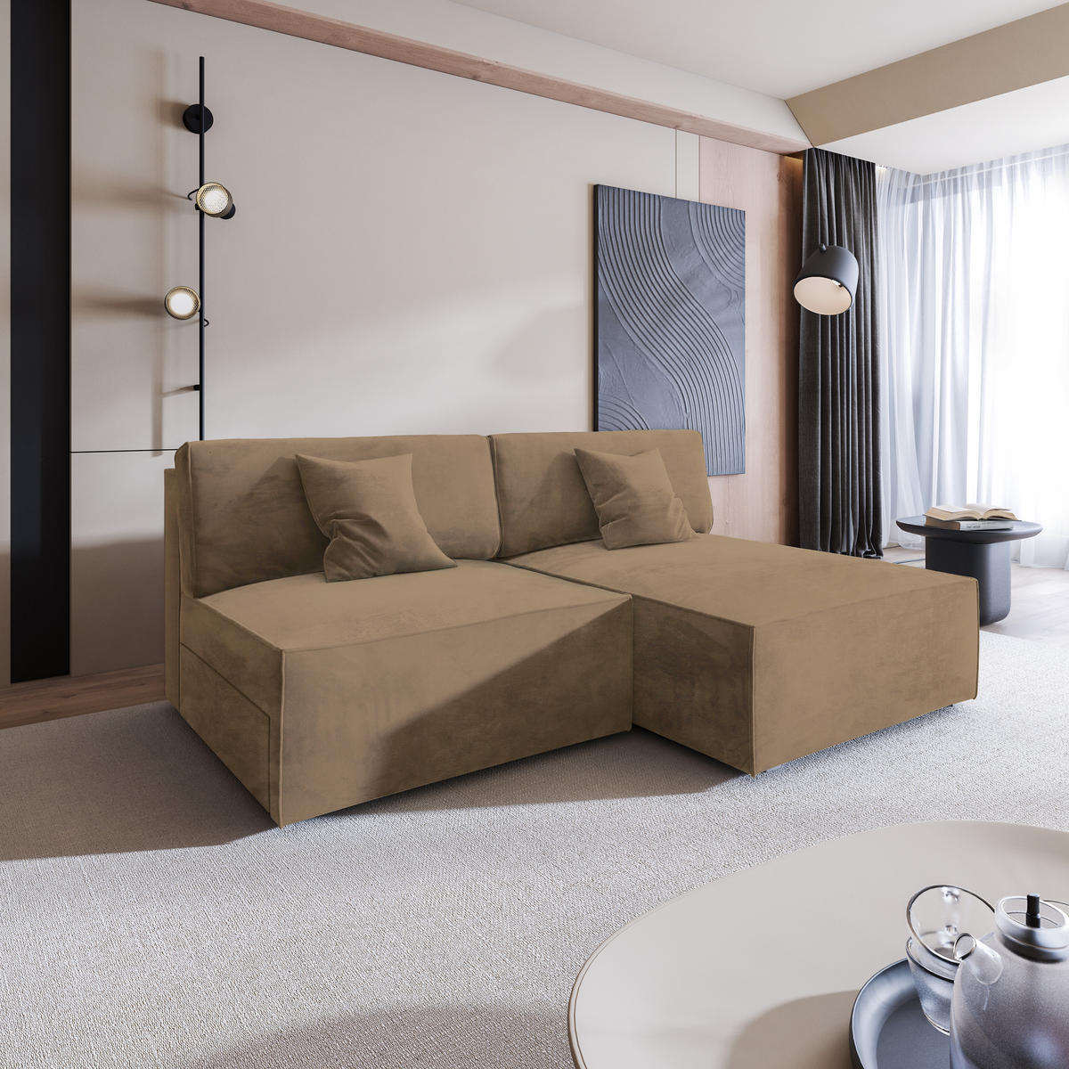 ECKSOFA FIORO M Beige Velours-Stoff mit Schlaffunktion - Beige, Holz (204/148cm) - MASSENO