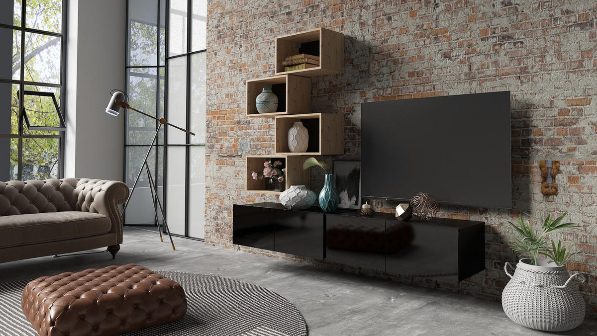 RTV-SCHRANK Bird Schwarz, zweitüriger TV-tisch - Silberfarben/Schwarz, Holzwerkstoff (100/37/43cm) - Bettso