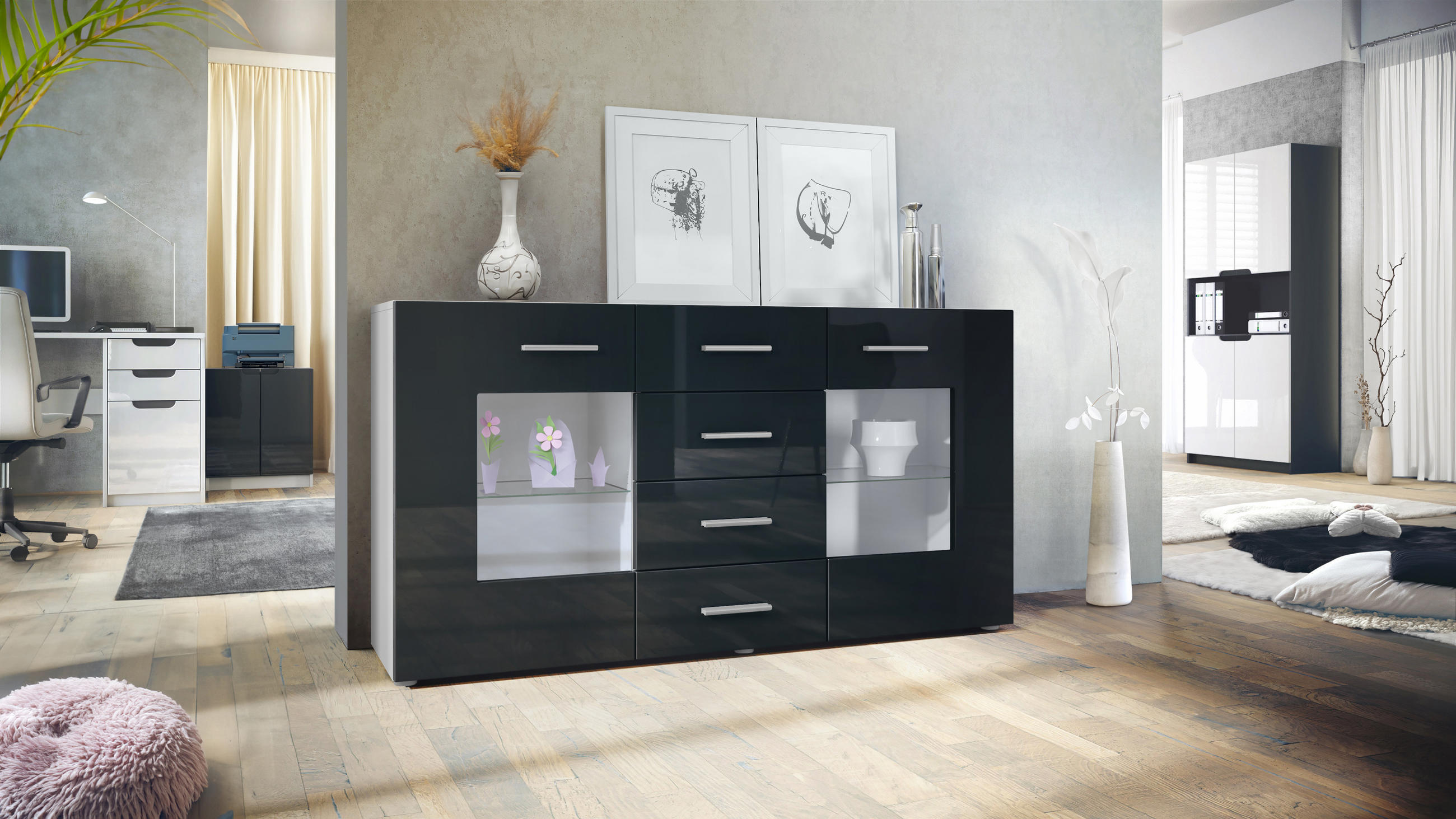 SIDEBOARD Noah Schwarz Hochglanz - Schwarz Hochglanz, Holzwerkstoff (139/72/35cm) - Vladon