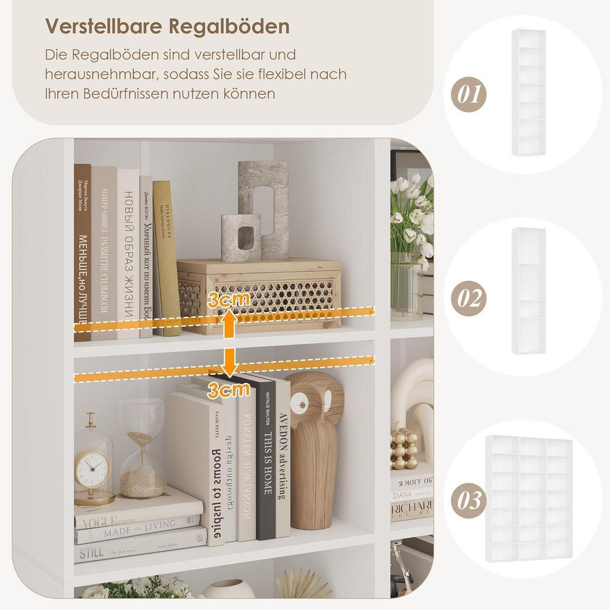 BÜCHERREGAL 220 cm weiß 7 Fächer - Weiß, Holzwerkstoff (48/220/30cm)
