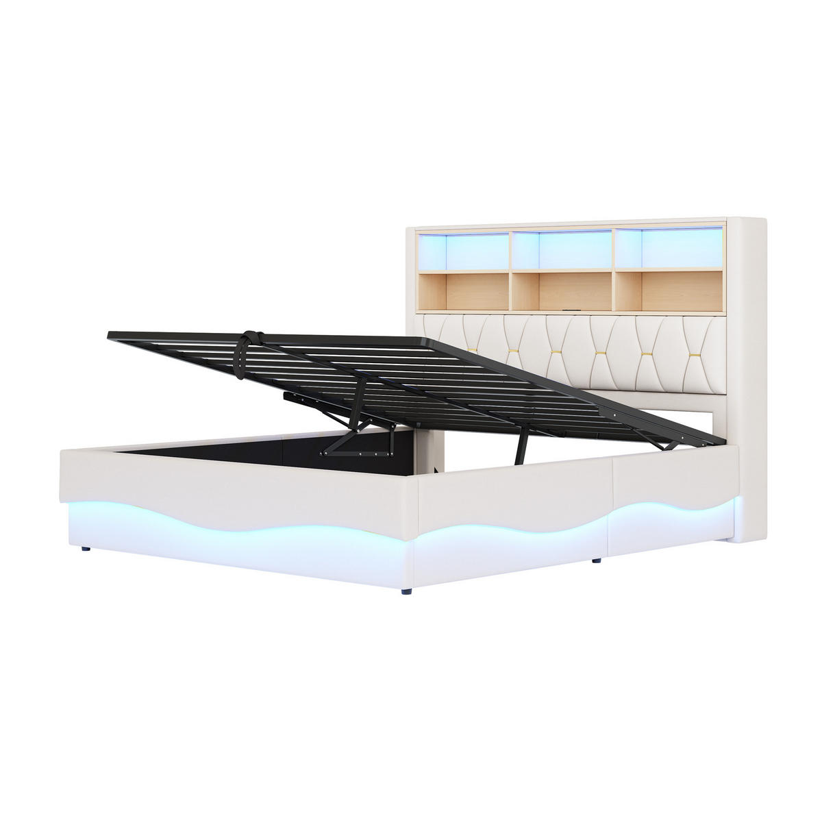 ČALÚNENÁ posteľ z kovu 180x200 cm béžová s LED osvetlením, USB portom a hydraulickým úložným priestorom - béžová, kov (180/200cm) - Modfu