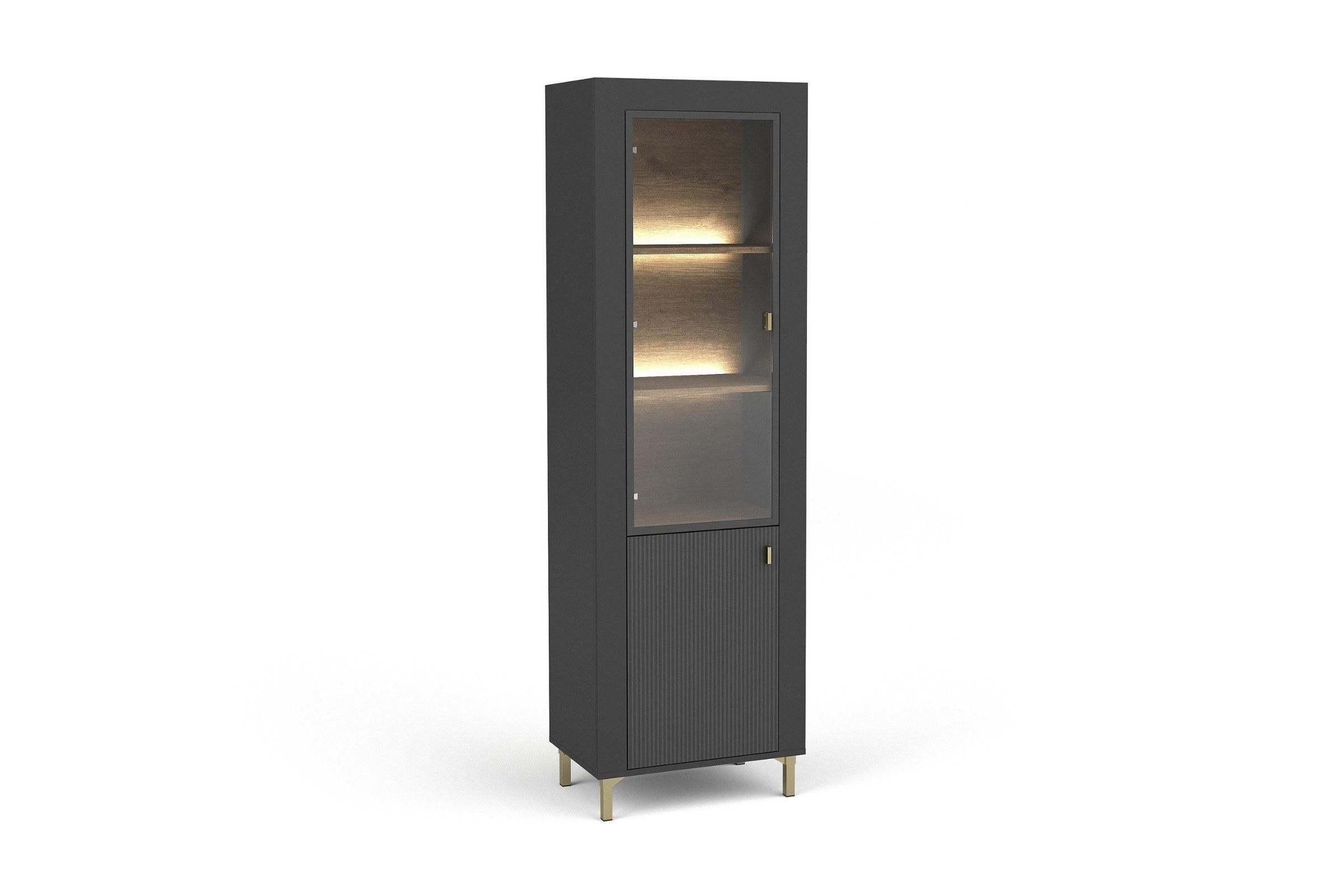 VITRINE MONI 03 in Schwarz / Eiche Whiskey matt 60/168/40 cm mit LED - Schwarz, Holzwerkstoff (60/169/40cm) - Deine Möbel 24