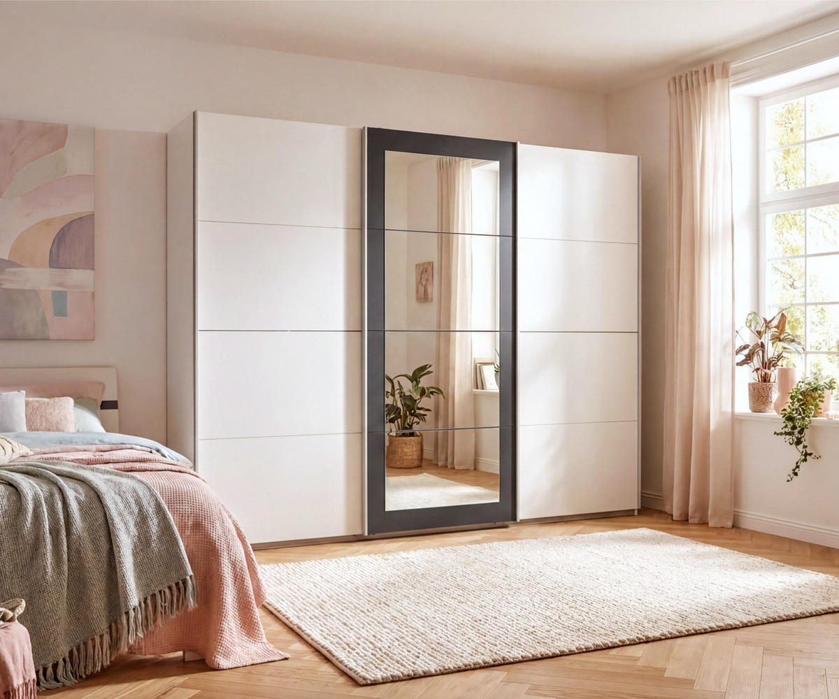 SCHWEBETÜRENSCHRANK 3-türig B270/H208/64 cm Kleiderschrank in Weiß, Spiegel umrahmt in Grafit, Griffe Weiß / 22629 - Weiß, Holzwerkstoff/Metall (270/208/64cm) - luma-home