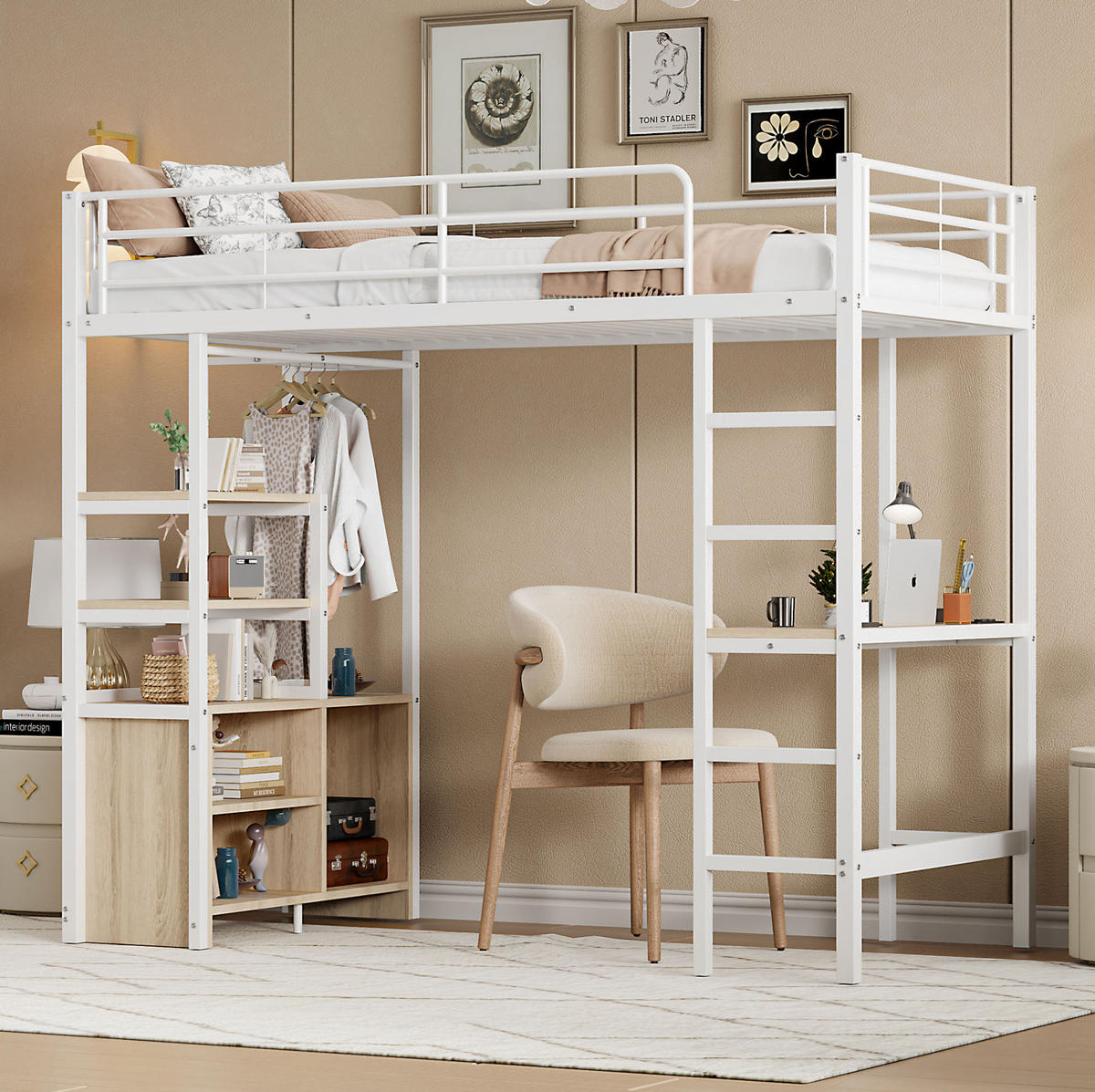 HOCHBETT 90/200 cm Weiß aus Metall mit Schreibtisch - Weiß, Metall (90/200cm) - OKMYHOME