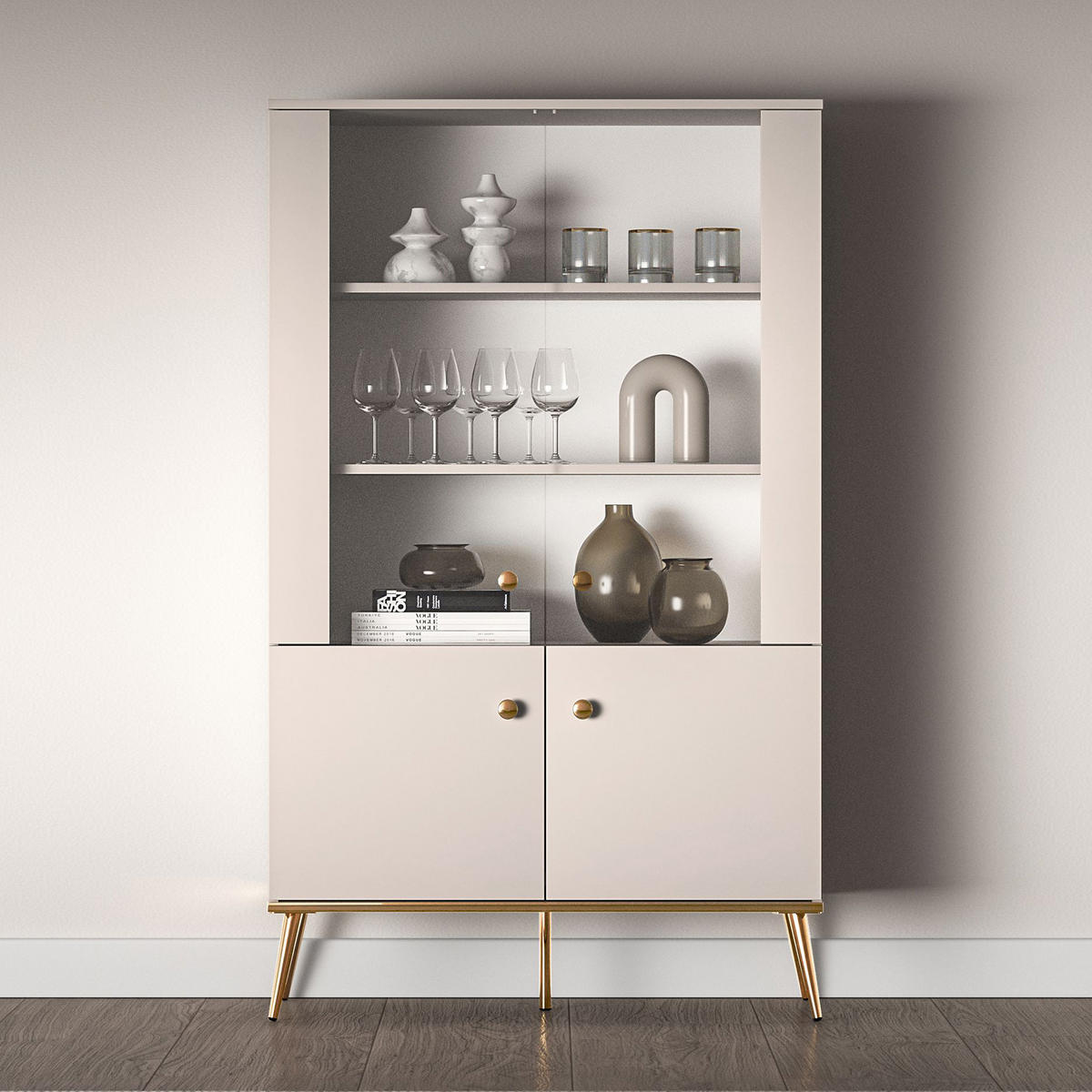 GLASVITRINE FRALIA,Creme - Creme, Glas/Holzwerkstoff (92/152/40cm) - KONSIMO®
