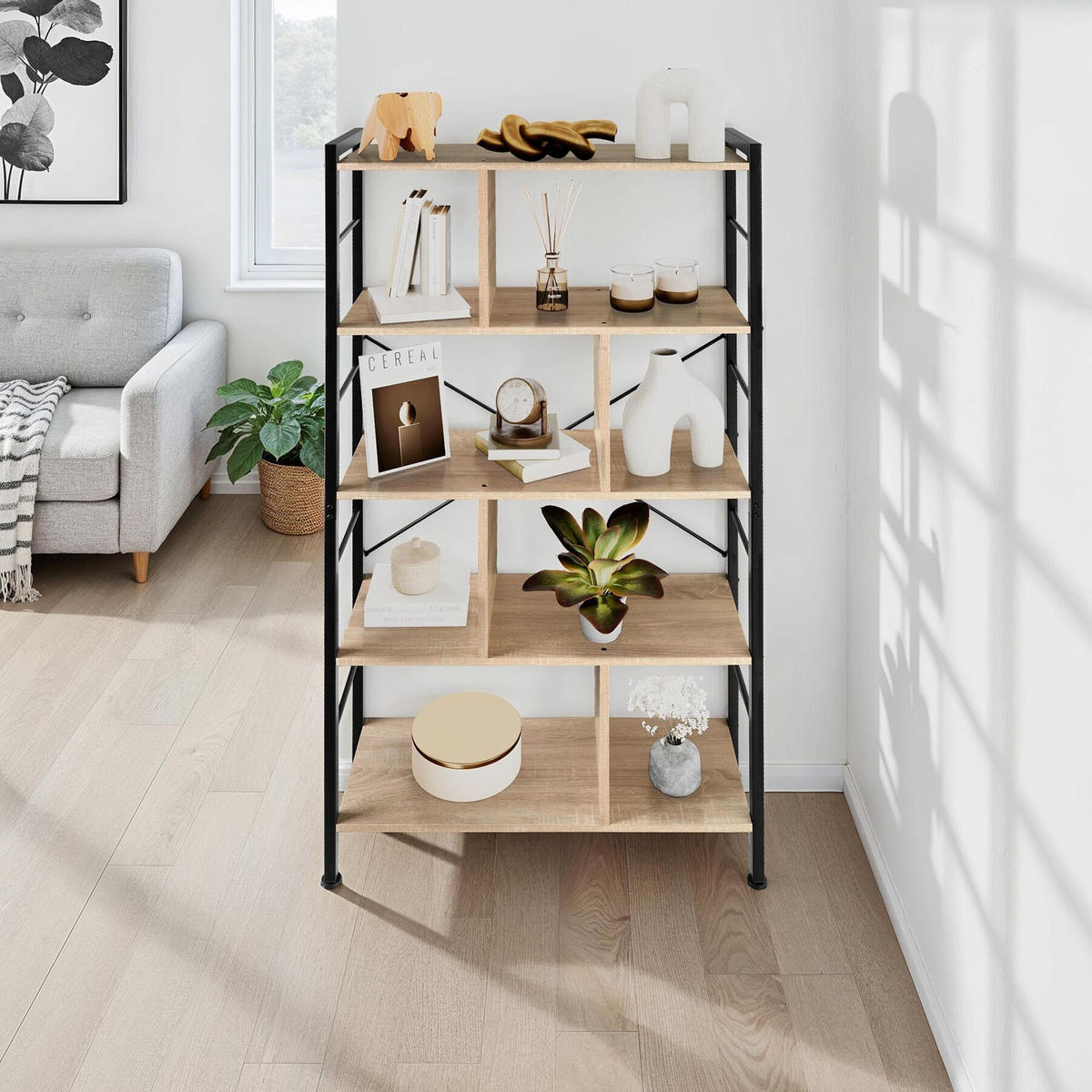 REGAL Charleston,inklusive Kippschutz, 75,5 x 30 x 155 cm,Industrial Holz hell, Eiche Sonoma - Naturfarben, Holzwerkstoff (30/155/75.5cm) - tectake