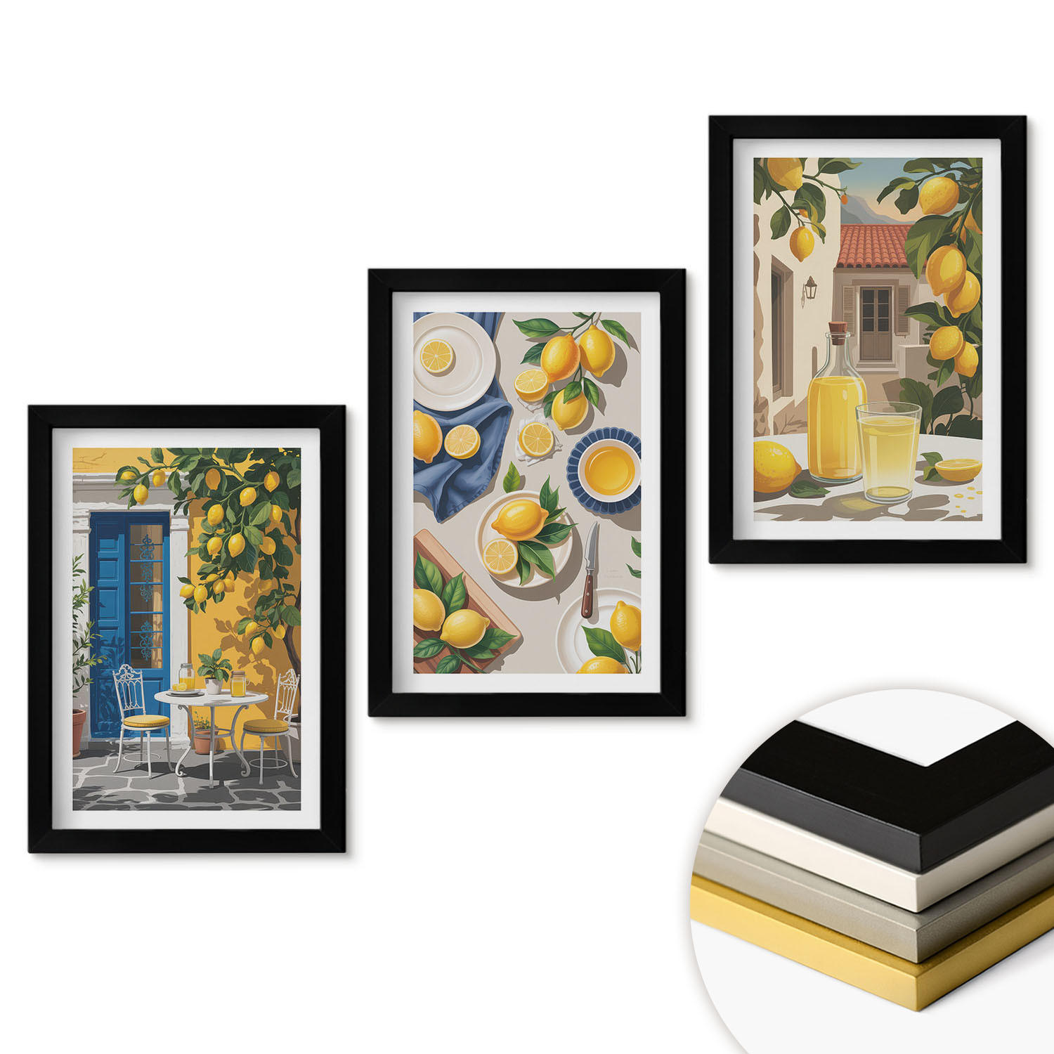 WANDBILDER 3er-Set - 20x30 cm Schwarzer Rahmen - Zitronengarten mit Getränken - Schwarz, Kunststoff (20/30cm) - ArtPrintCave