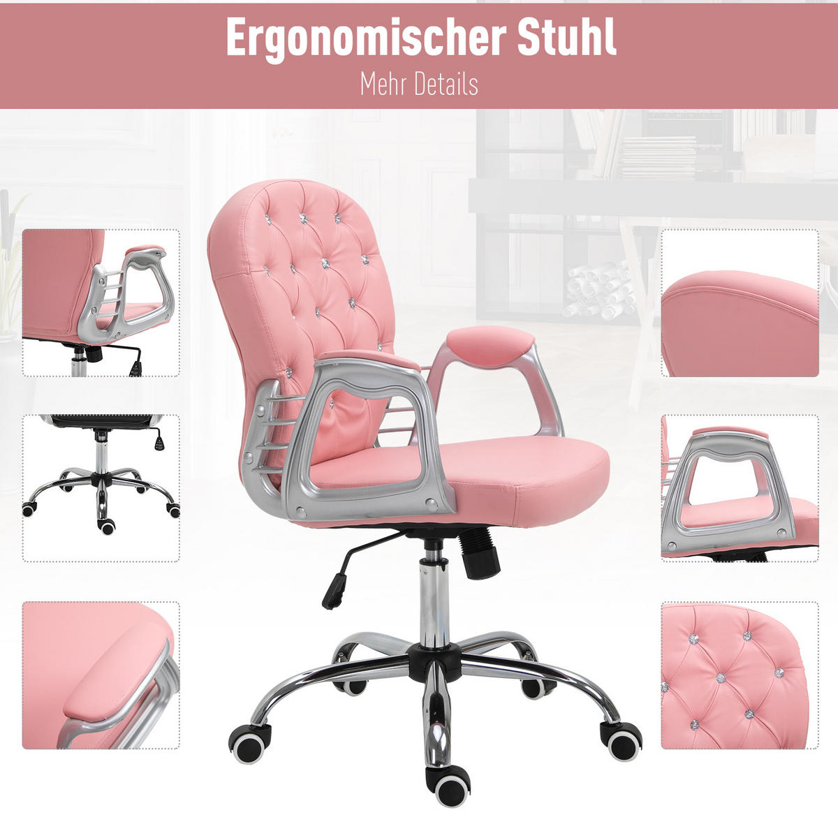 ERGONOMISCHER Bürostuhl Chefsessel Gepolsterte Rückenlehne Kunstleder Rosa - Rosa, Kunststoff (60.5/103/59.5cm) - Vinsetto