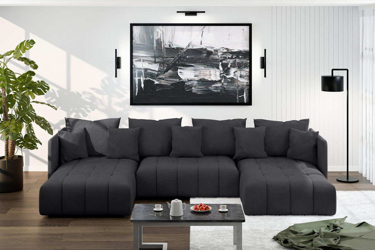 WOHNLANDSCHAFT Veliro U Dunkelgrau 353/180/83 cm mit Schlaffunktion und Bettkasten - Schwarz/Grau, Kunststoff/Textil (353/83/180cm) - AX Living