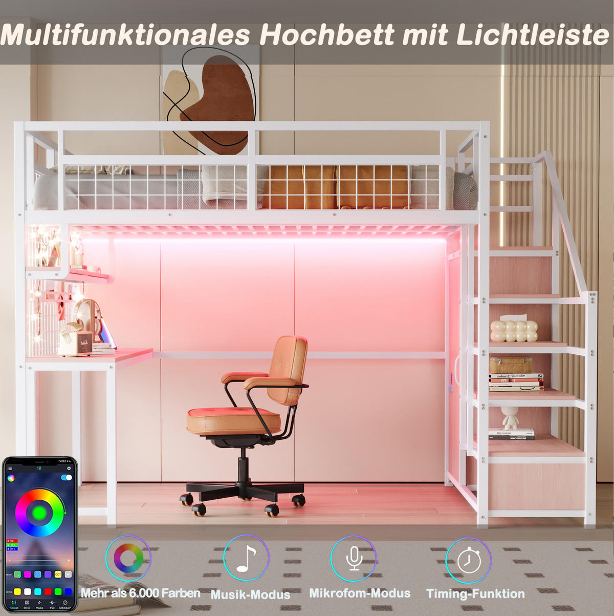 HOCHBETT 140/200 cm Weiß mit Schreibtisch, Lichtleisten und Stauraumleiter - Weiß, Metall (140/200cm) - MIVRAY