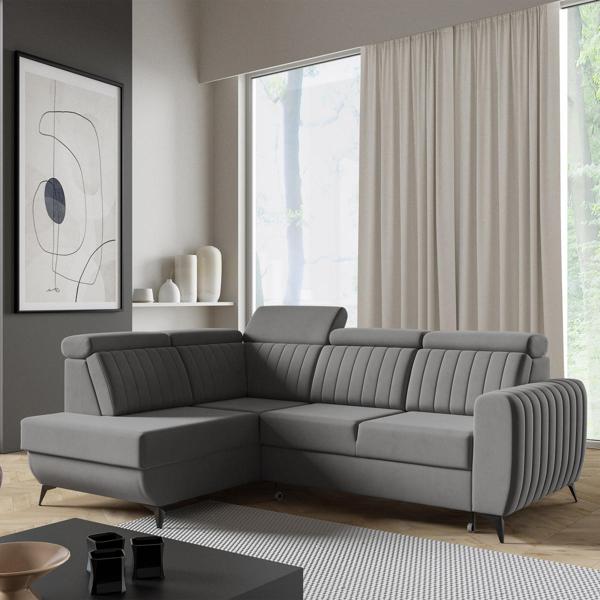 ECKSCHLAFSOFA Connor II verstellbare Kopfstützen, Dunkelgrau, links - Dunkelgrau/Schwarz, Textil (268/204cm) - Beautysofa