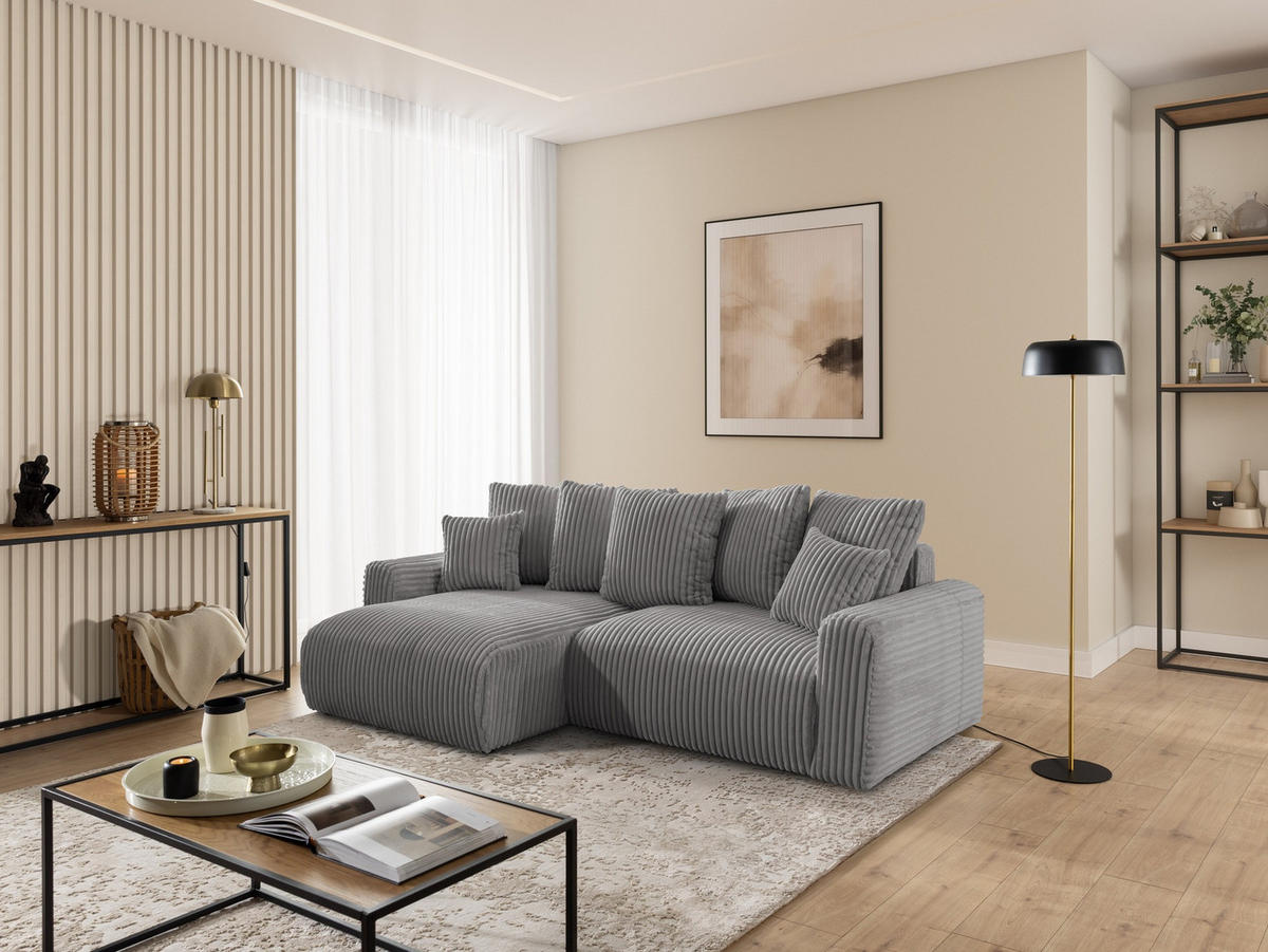 ECKSOFA Calma mit Schlaffunktion und Bettkasten im Bumpy-Design aus weichem Grau Plüschcord - Ottomane links - Schwarz/Grau, Holz/Kunststoff (239/140cm) - S-Style