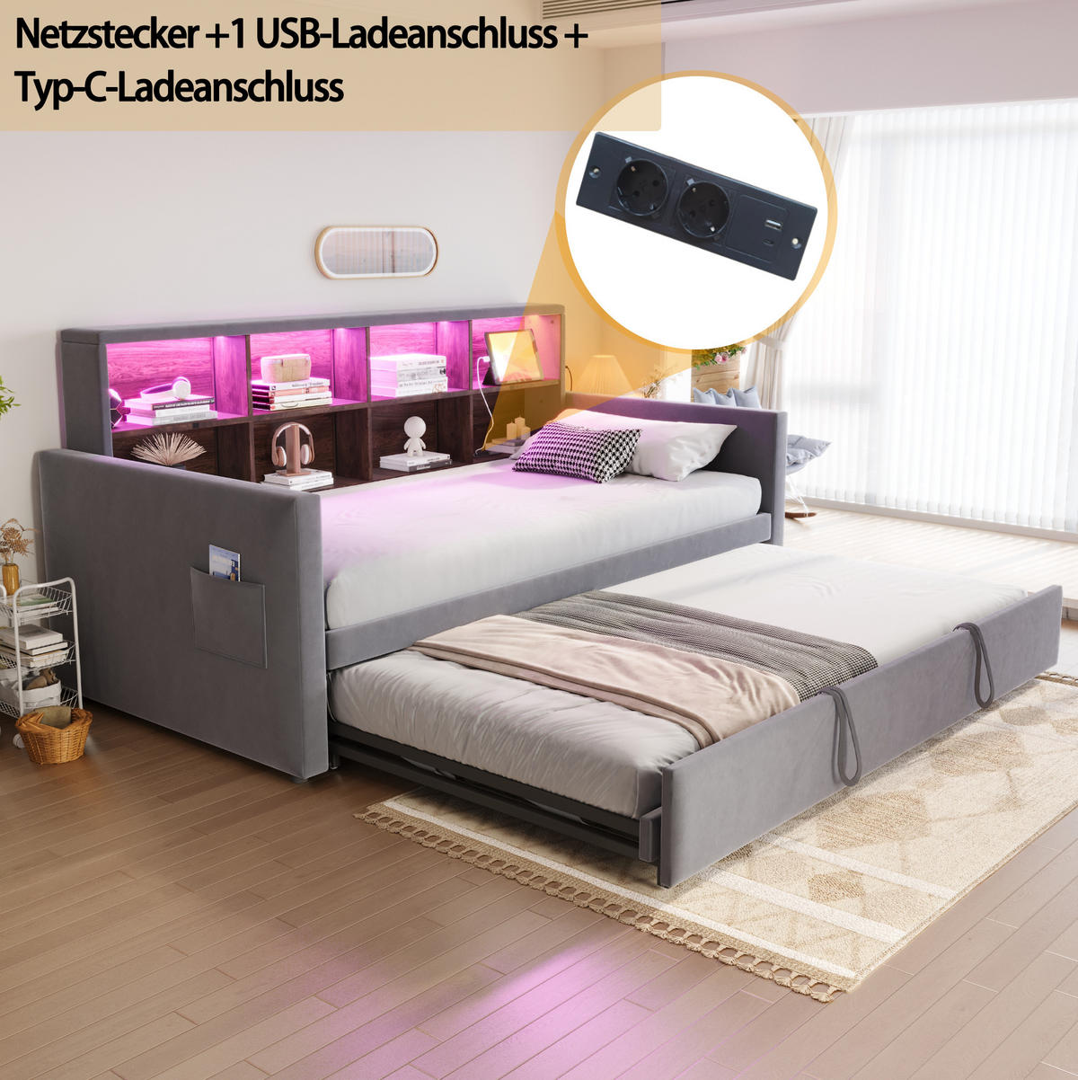 POLSTERBETT 90/190 cm aus Samt mit Ausziehbett, LED-Kopfteil und Steckdosen Dunkelgrau - Dunkelgrau, Textil (90/190cm) - Modenvie