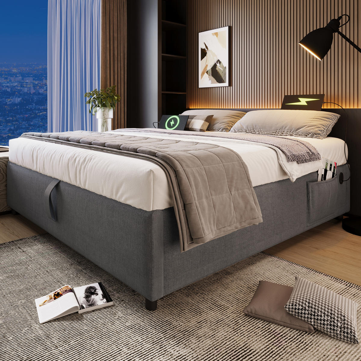 POLSTERBETT 160/200 cm mit Stauraum und USB-C Grau - Grau, Textil (160/200cm) - OKWISH